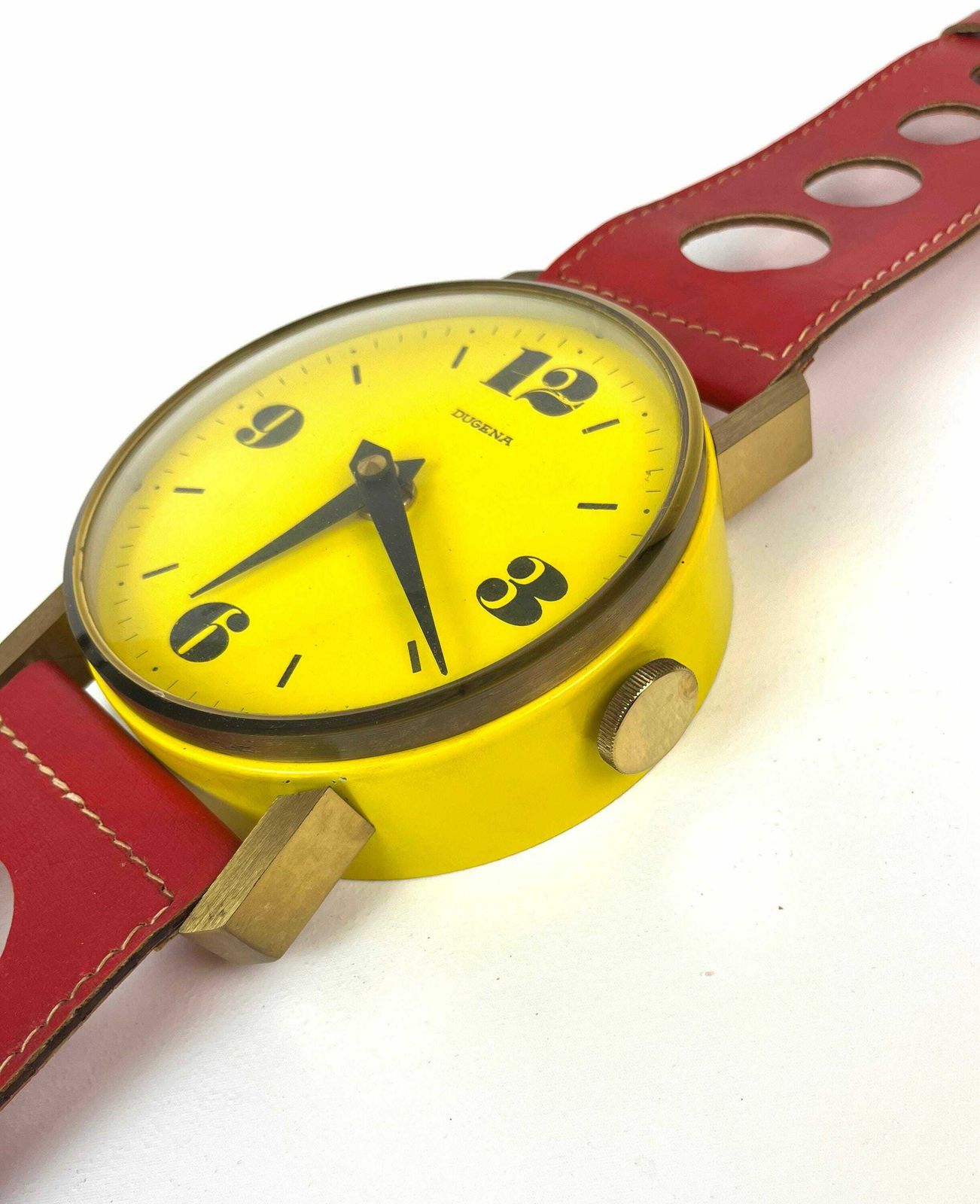 photo for sale Rare Mid Century Xl Yellow Red 70s Pop Art Wall Clock In Wrist Watch Shape By Dugena