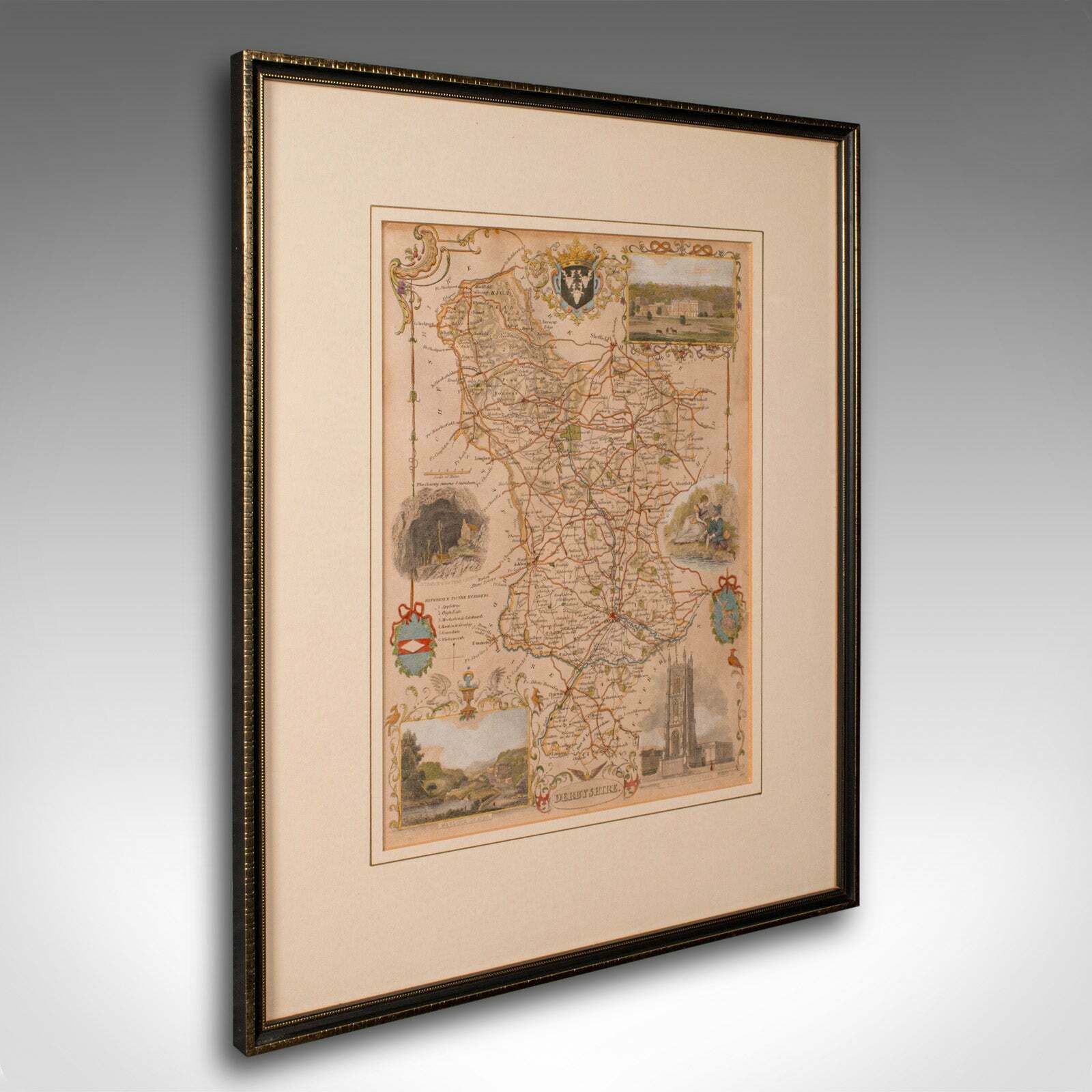Antique Lithography Map, Derbyshire, English, Framed Cartography, Victorian