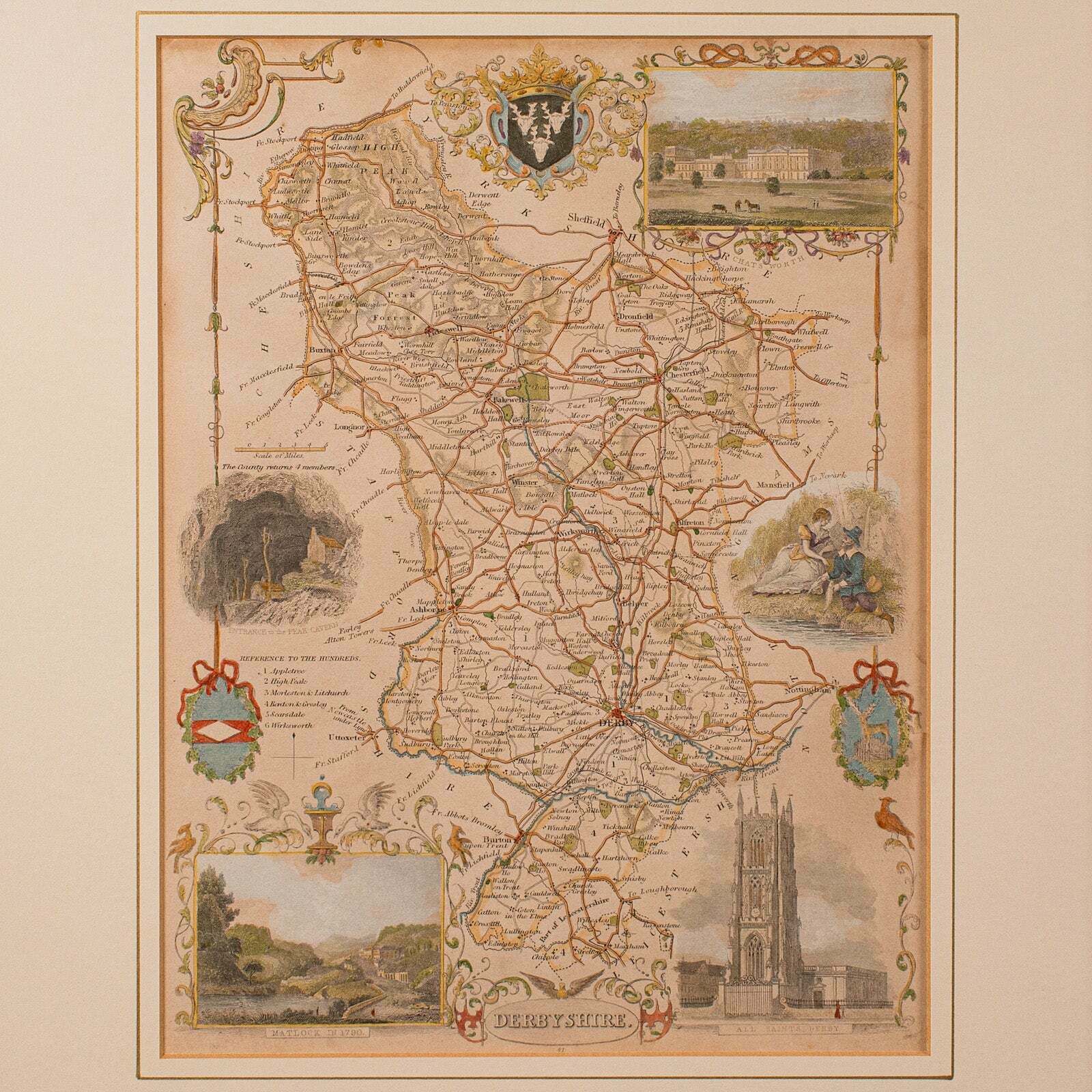 Antique Lithography Map, Derbyshire, English, Framed Cartography, Victorian photo Art