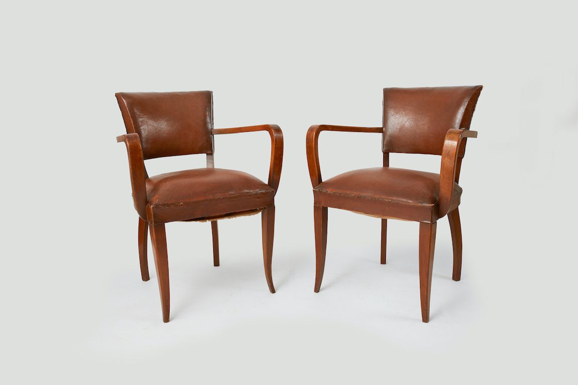Pair Art Deco (Set Of 2) Of French Leather Bridge Chairs