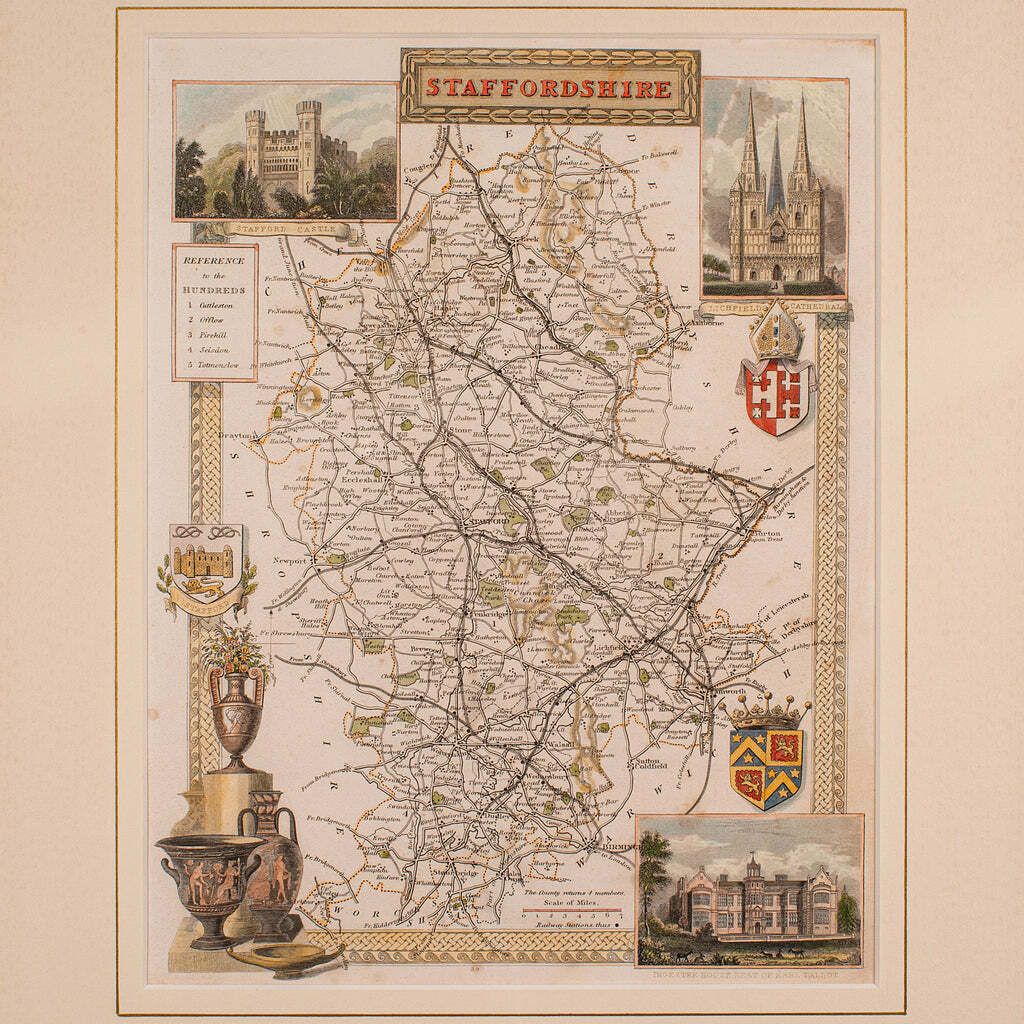 Antique County Map, Staffordshire, English, Framed Litho, Cartography, Victorian photo Art