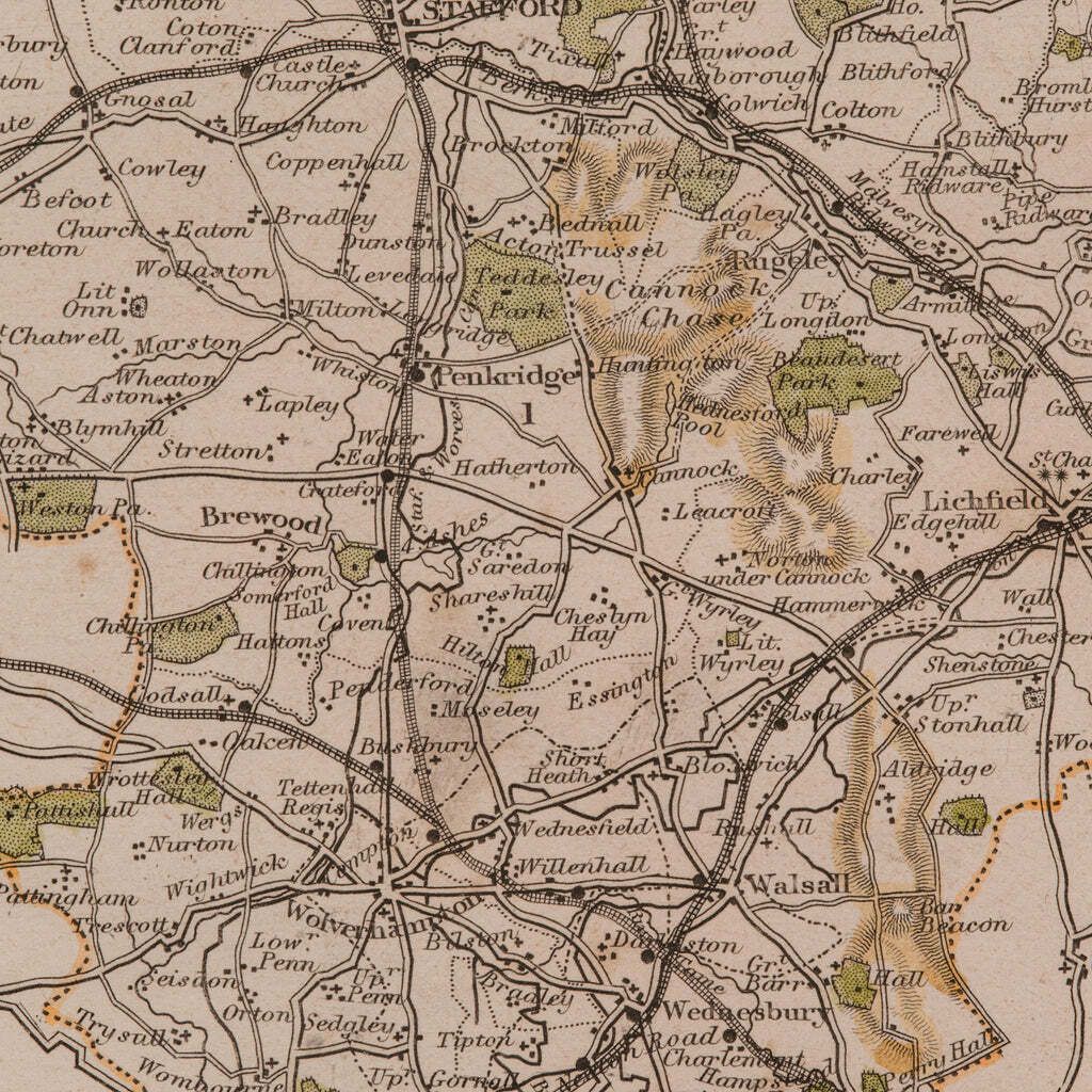 Art Antique County Map, Staffordshire, English, Framed Litho, Cartography, Victorian photo