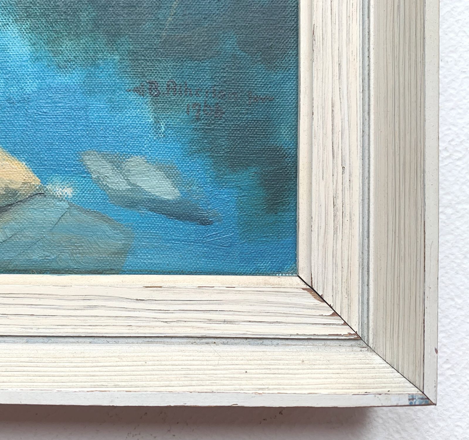 Original Mid Century Oil On Canvas Painting Of An Alpine Lake Scene, Signed And Dated For 1964 photo for sale