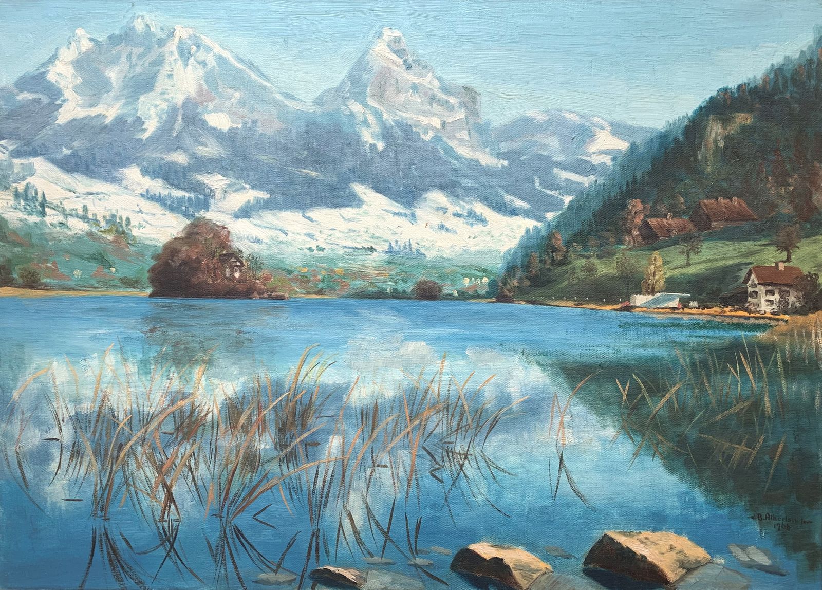 Original Mid Century Oil On Canvas Painting Of An Alpine Lake Scene, Signed And Dated For 1964