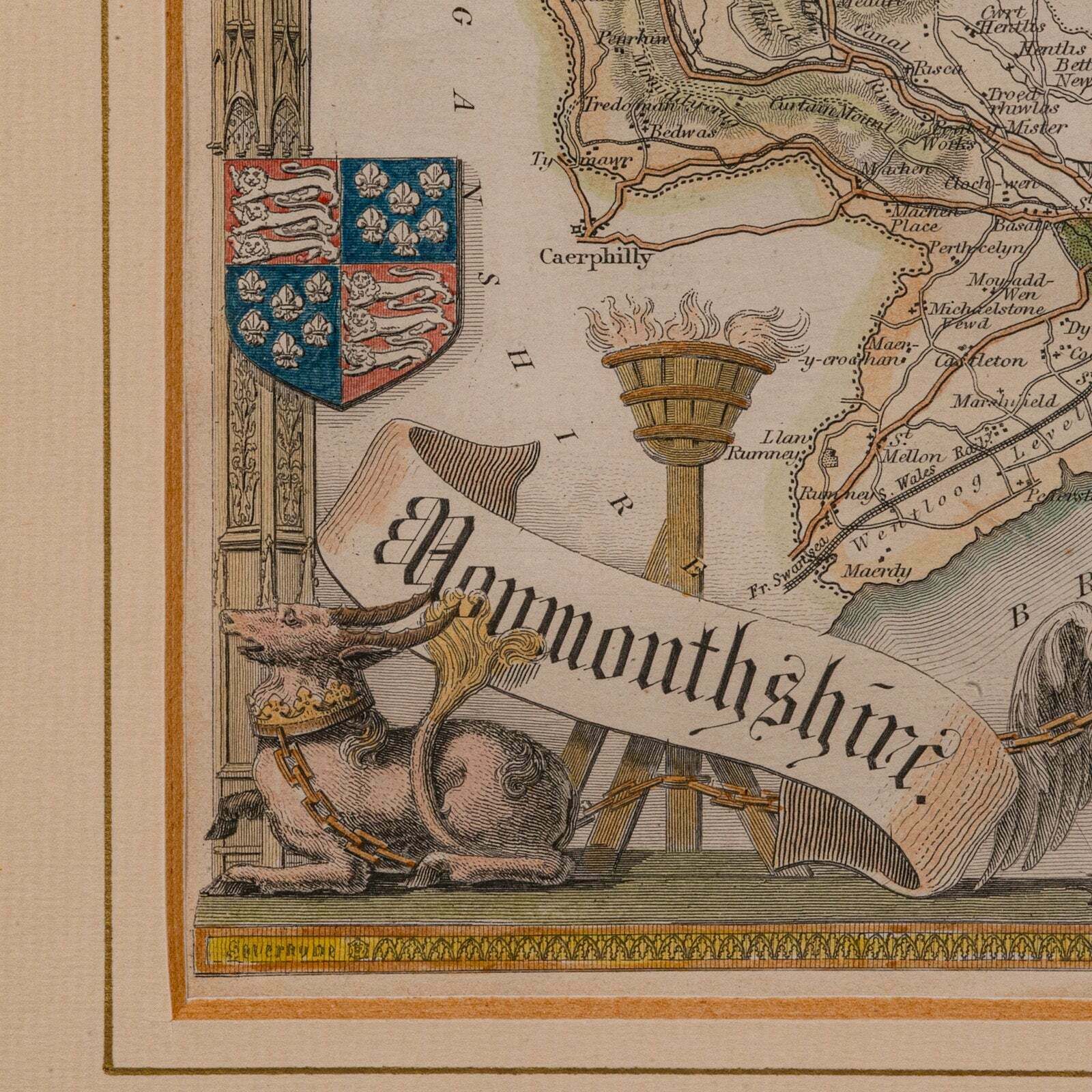 Antique Lithography Map, Monmouthshire, Framed, Welsh Cartography, Victorian photo 295.0