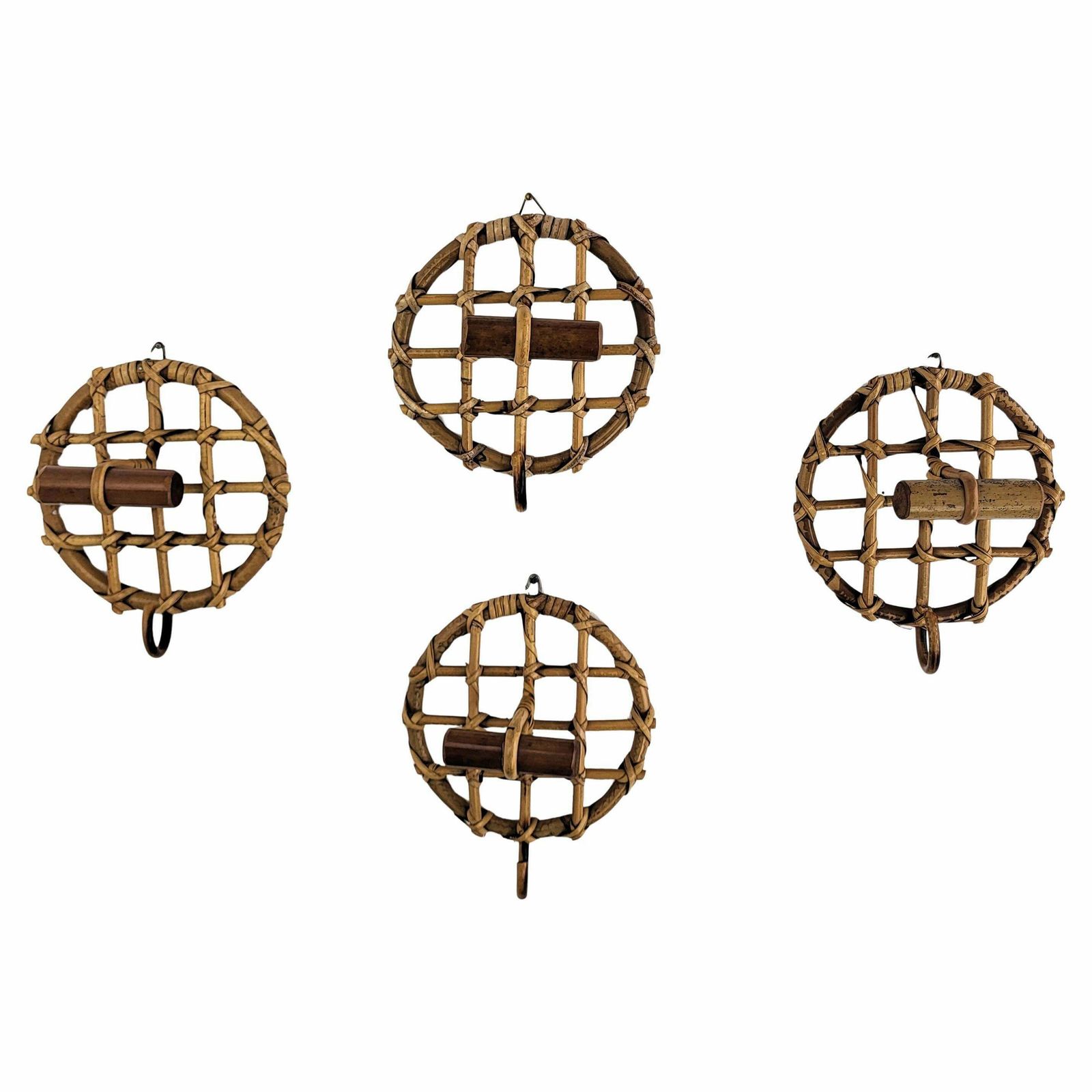 Set Of 4 1960s Italian Bamboo Rattan Bohemian French Riviera Wall Coat Hangers