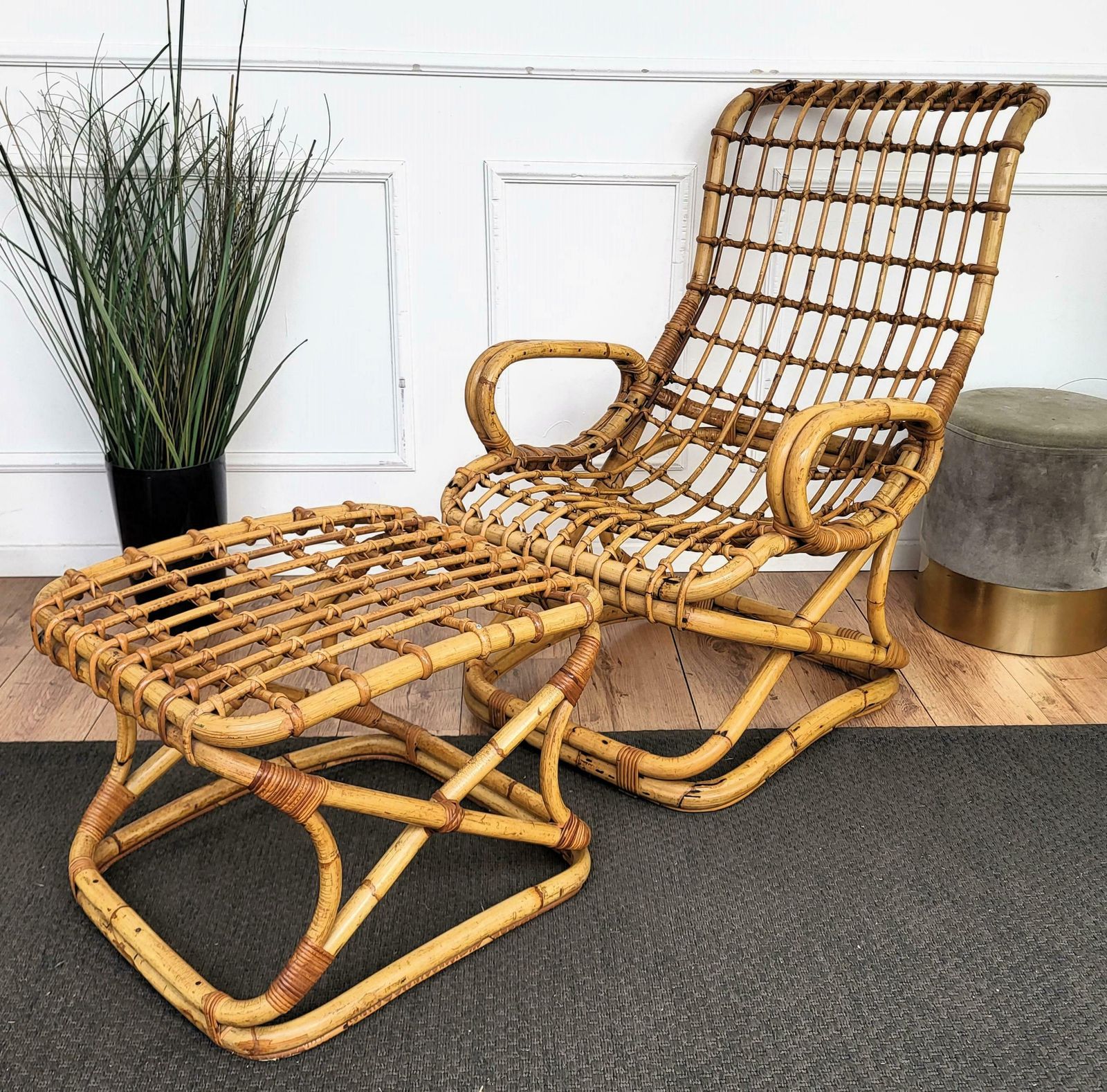 1960s, Italian Bamboo Rattan Bohemian French Riviera Lounge Chair Ottoman photo for sale