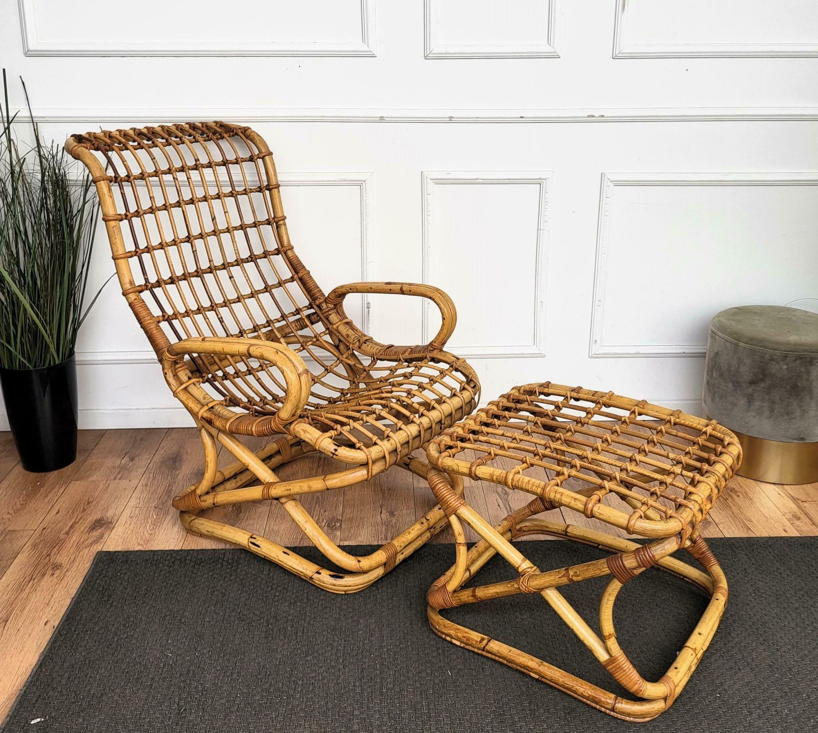 1960s, Italian Bamboo Rattan Bohemian French Riviera Lounge Chair Ottoman photo buy