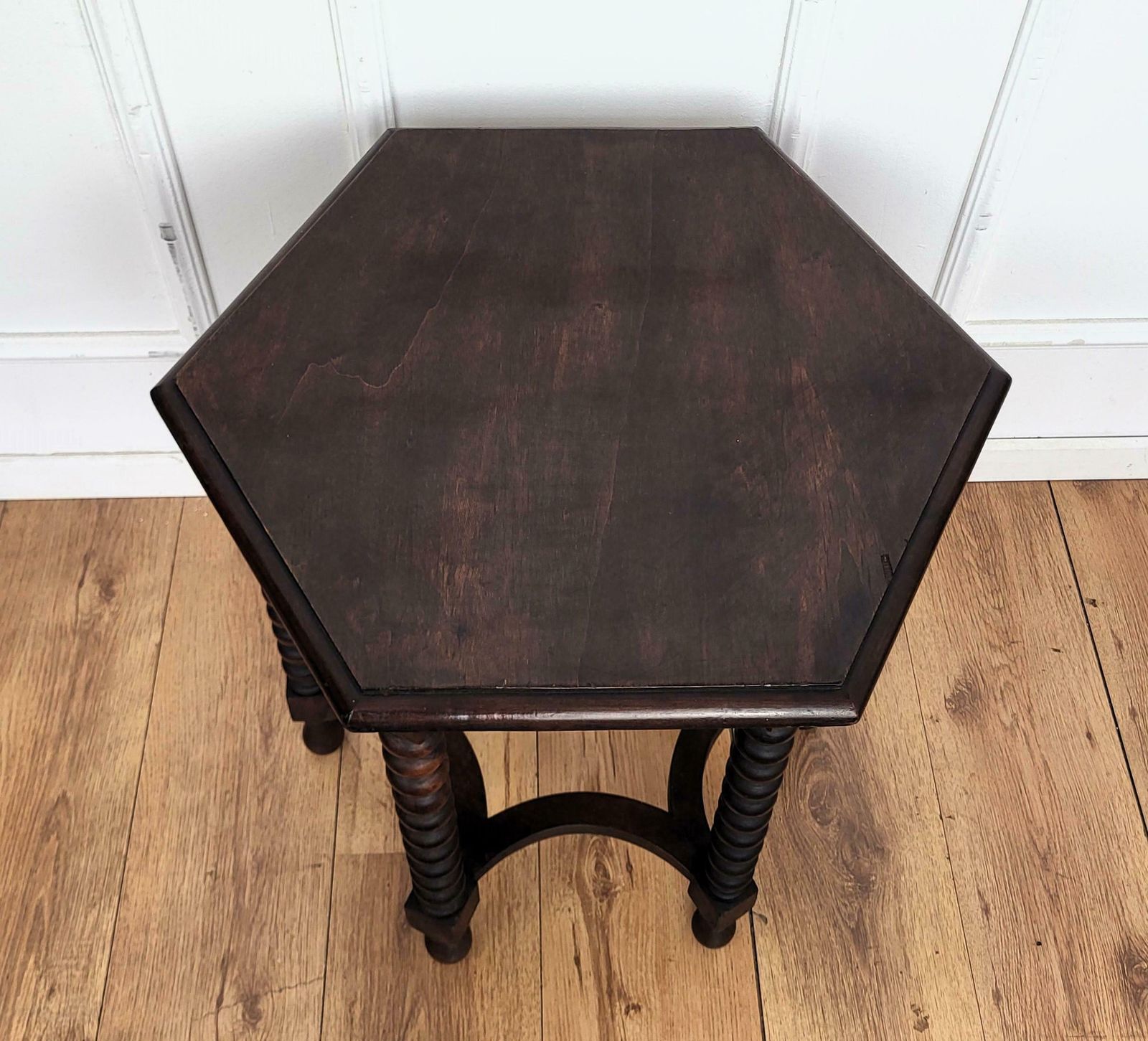 Antique Italian Hexagonal Black Walnut Side Table Stool With Bobbin Turned Legs photo vinterior