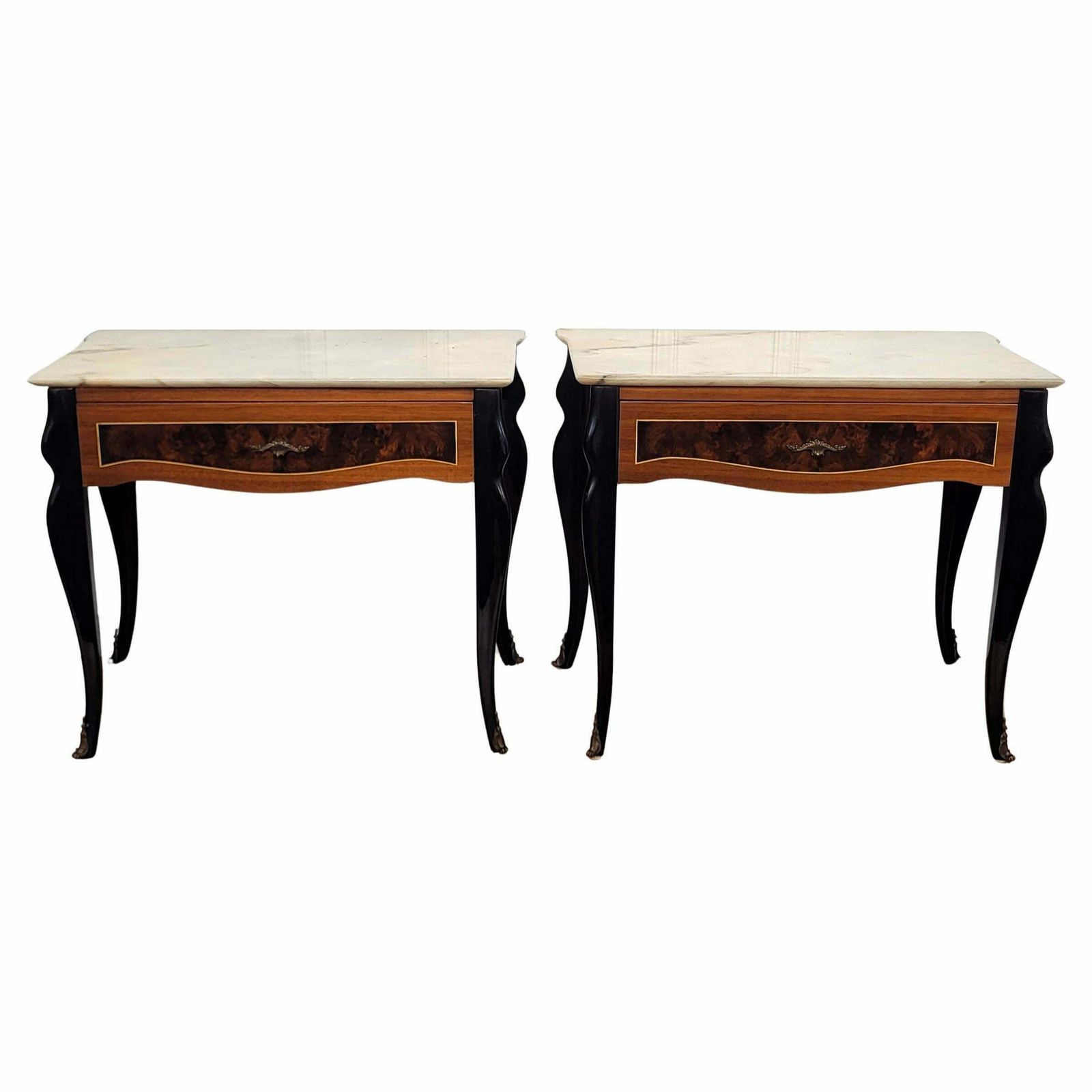 Pair Of Italian Art Deco Marquetry Wood Marble Top Night Stands Bedside Tables