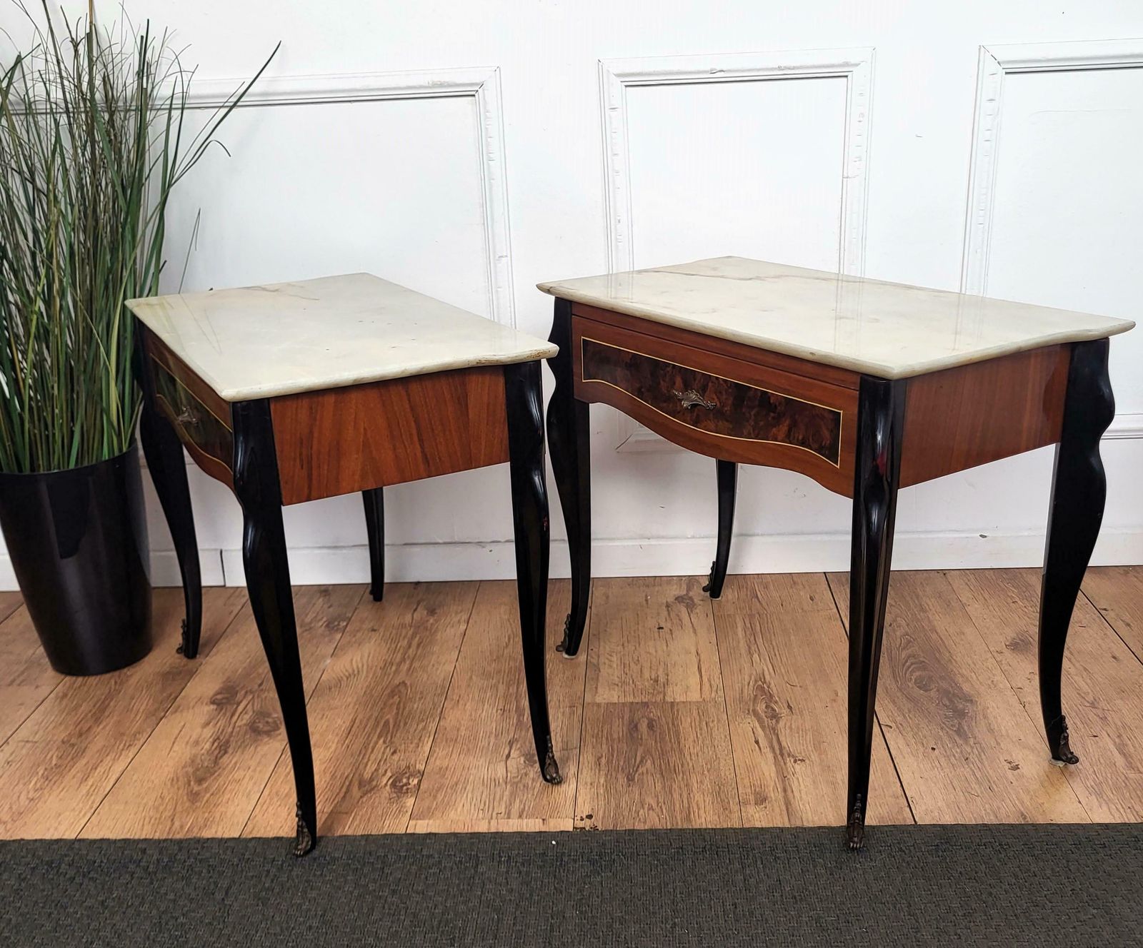 Pair Of Italian Art Deco Marquetry Wood Marble Top Night Stands Bedside Tables photo vinterior