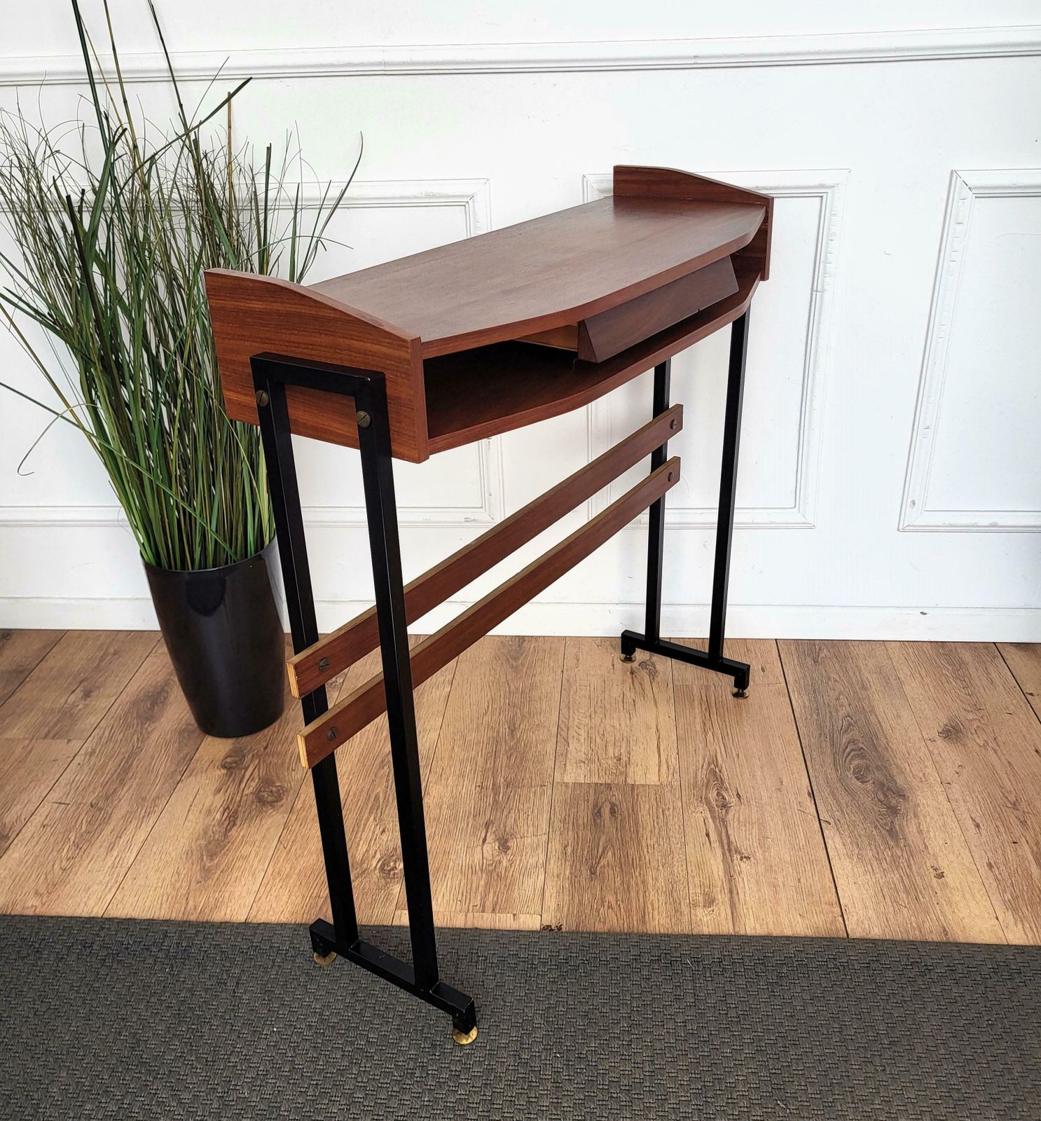 50s Mid Century Modern Italian Metal Base Brass Feet Teak Wood Console Table photo buy