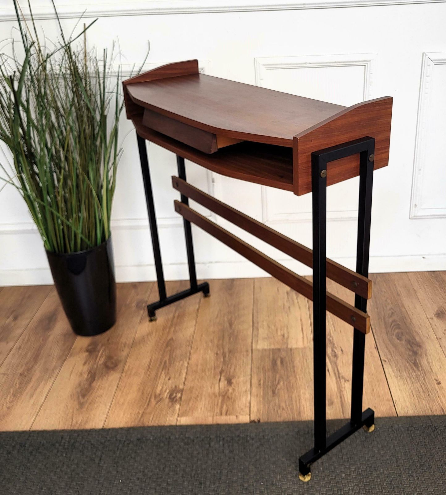 50s Mid Century Modern Italian Metal Base Brass Feet Teak Wood Console Table photo vintage