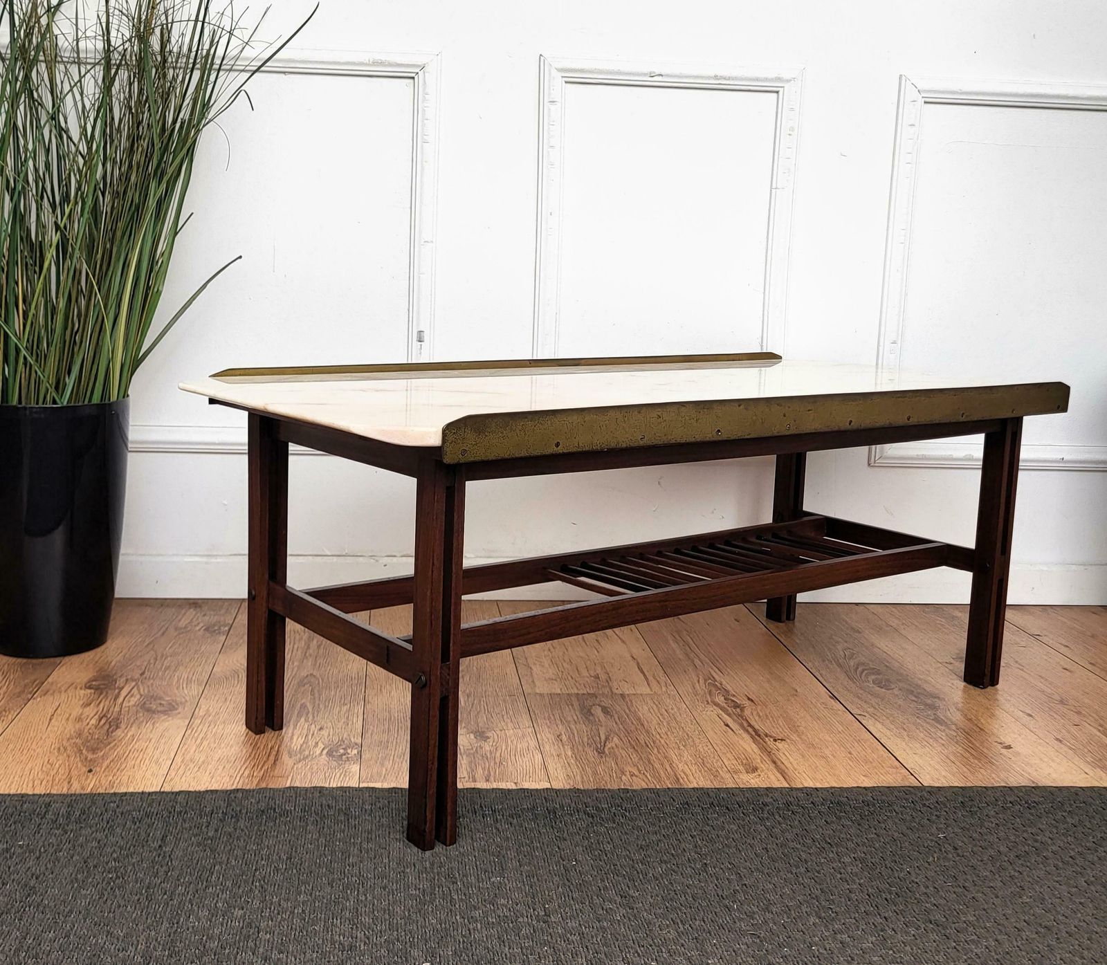 1960s Italian Mid Century Modern Marble Brass And Wood Cocktail Coffee Table photo buy