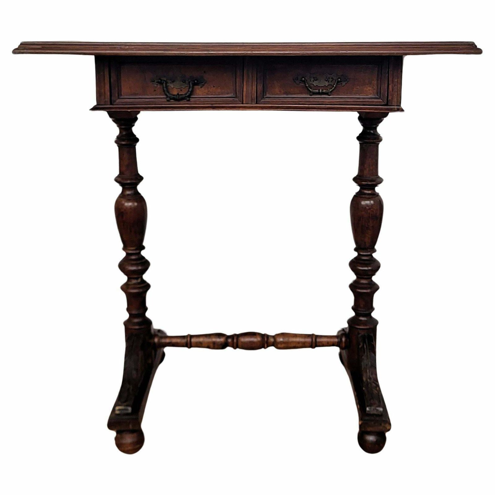 Antique French Side Table Writing Desk Oak Beveled Top Carved Decorated Legs