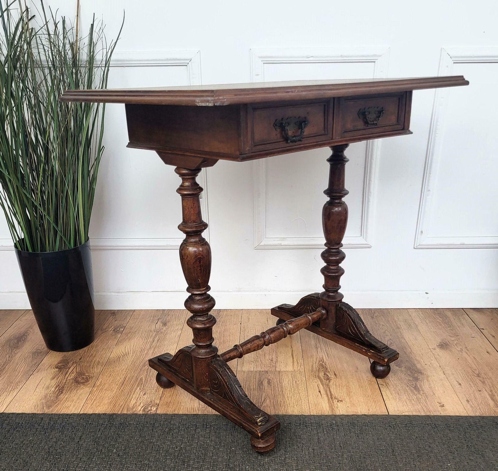 Antique French Side Table Writing Desk Oak Beveled Top Carved Decorated Legs photo Furniture