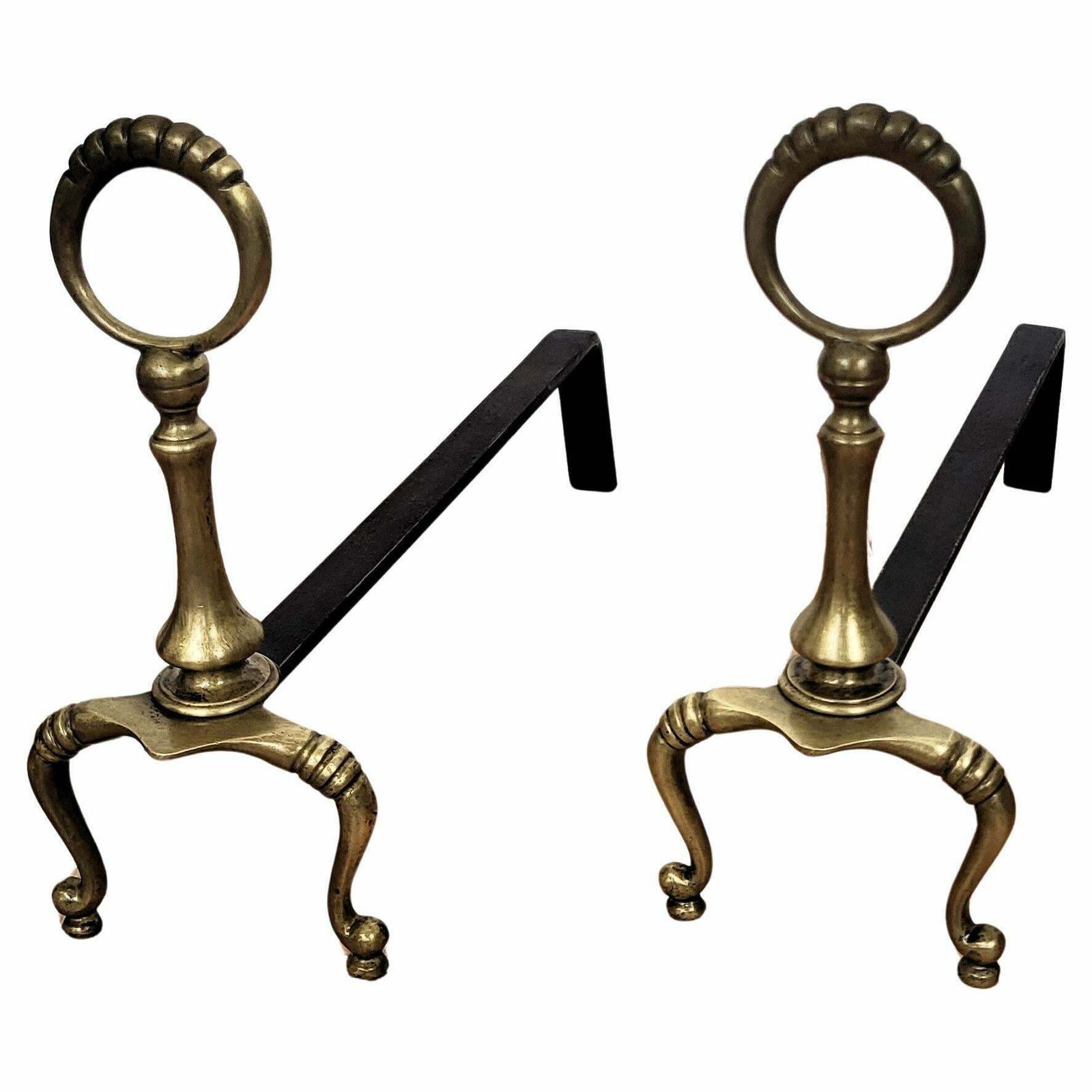 Italian Brass And Wrought Iron Pair Of Andirons