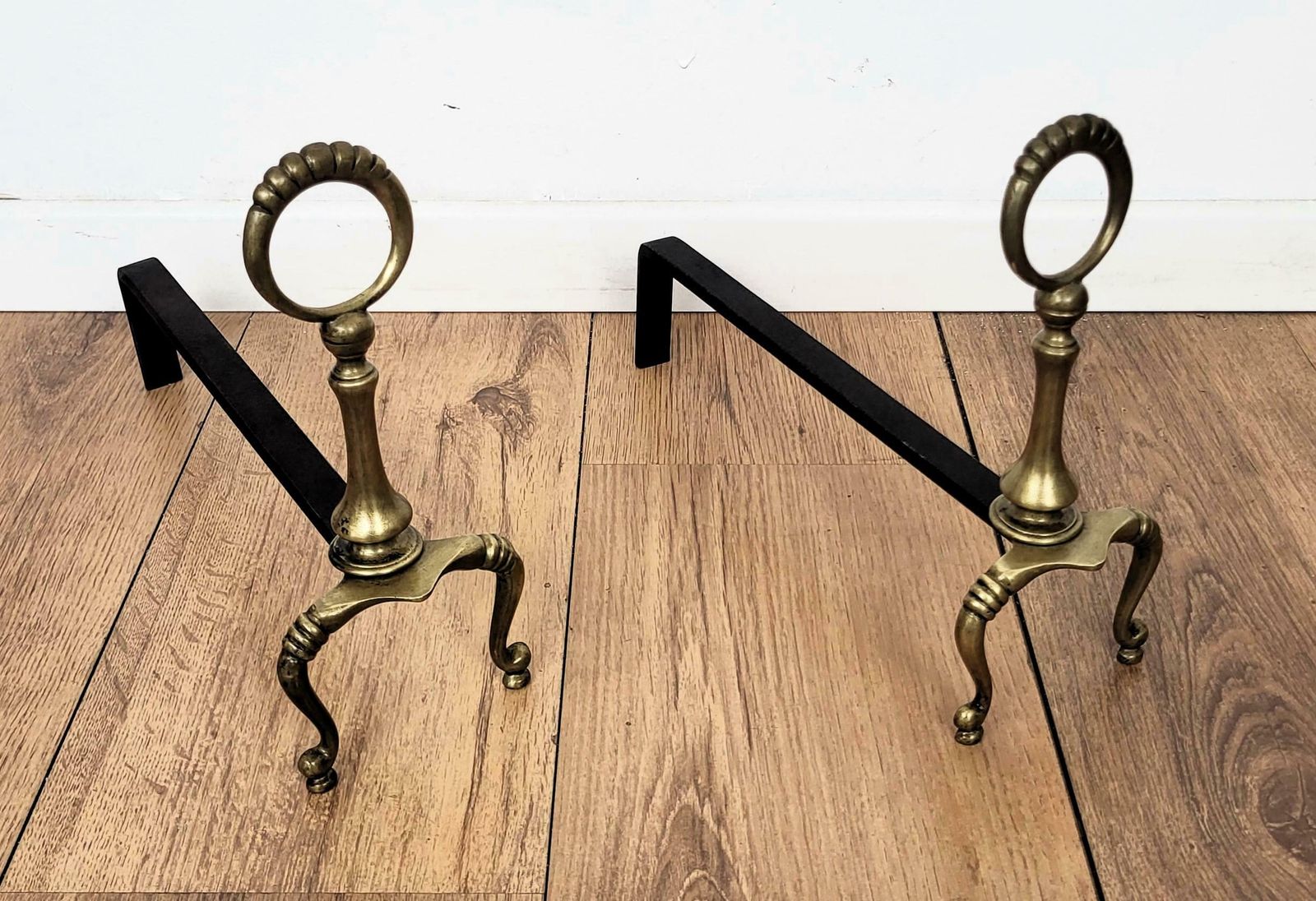 Italian Brass And Wrought Iron Pair Of Andirons photo for sale