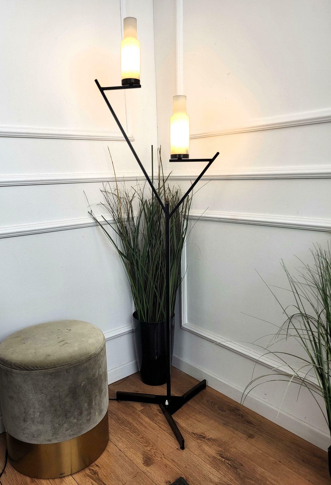 Italian Art Deco Mid Century Black Metal Gilt Brass Opaline Glass Floor Lamp photo for sale