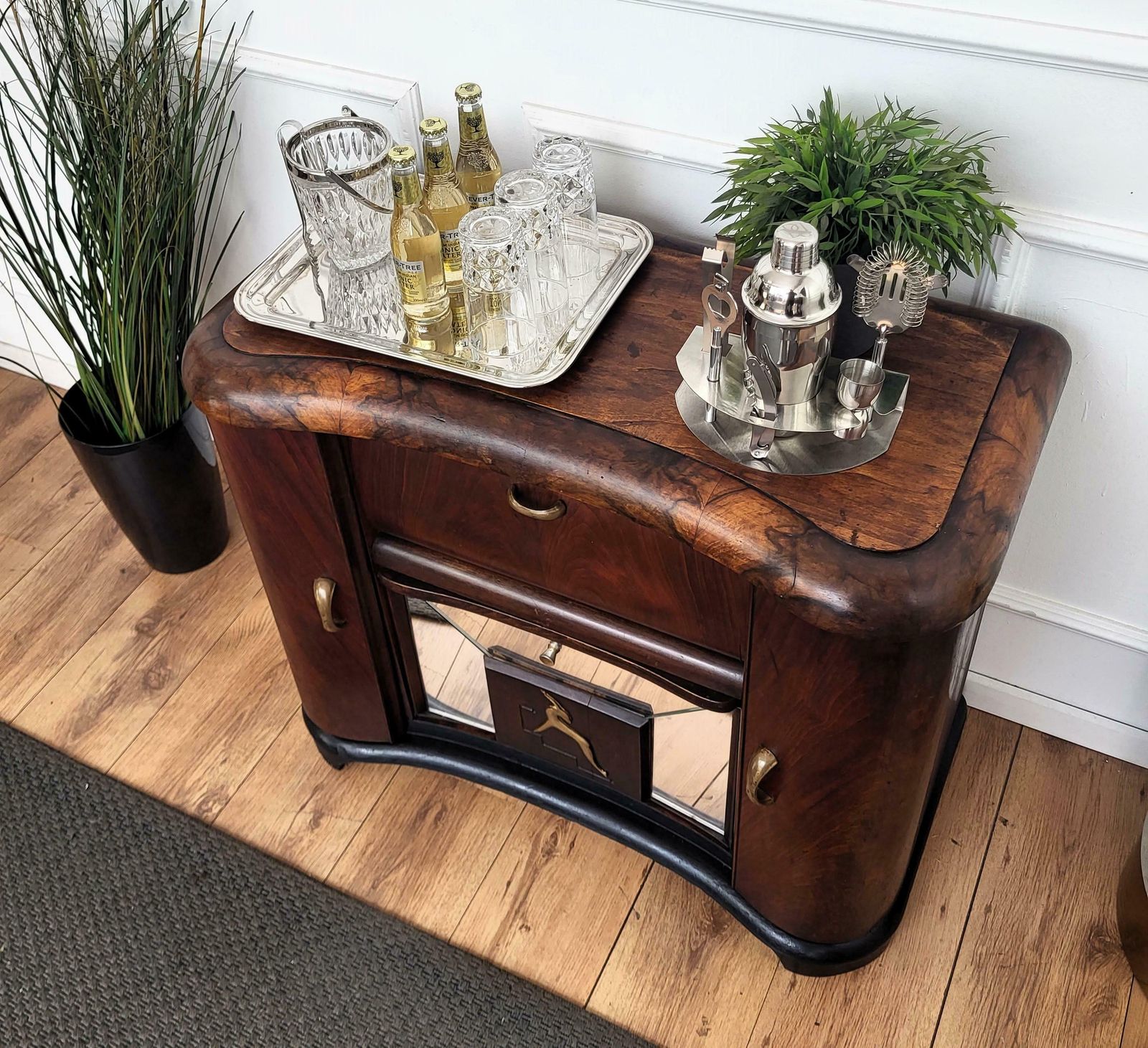 Italian 1950s Art Deco Mid Century Walnut Burl And Mirror Mosaic Dry Bar Cabinet photo for sale