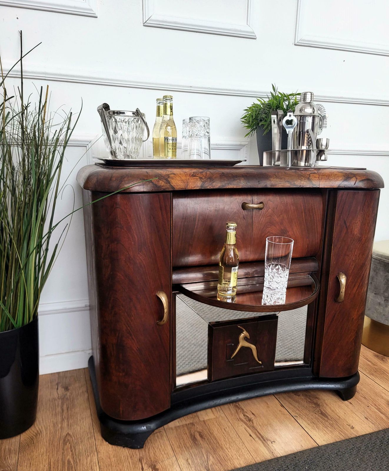 Italian 1950s Art Deco Mid Century Walnut Burl And Mirror Mosaic Dry Bar Cabinet photo Furniture