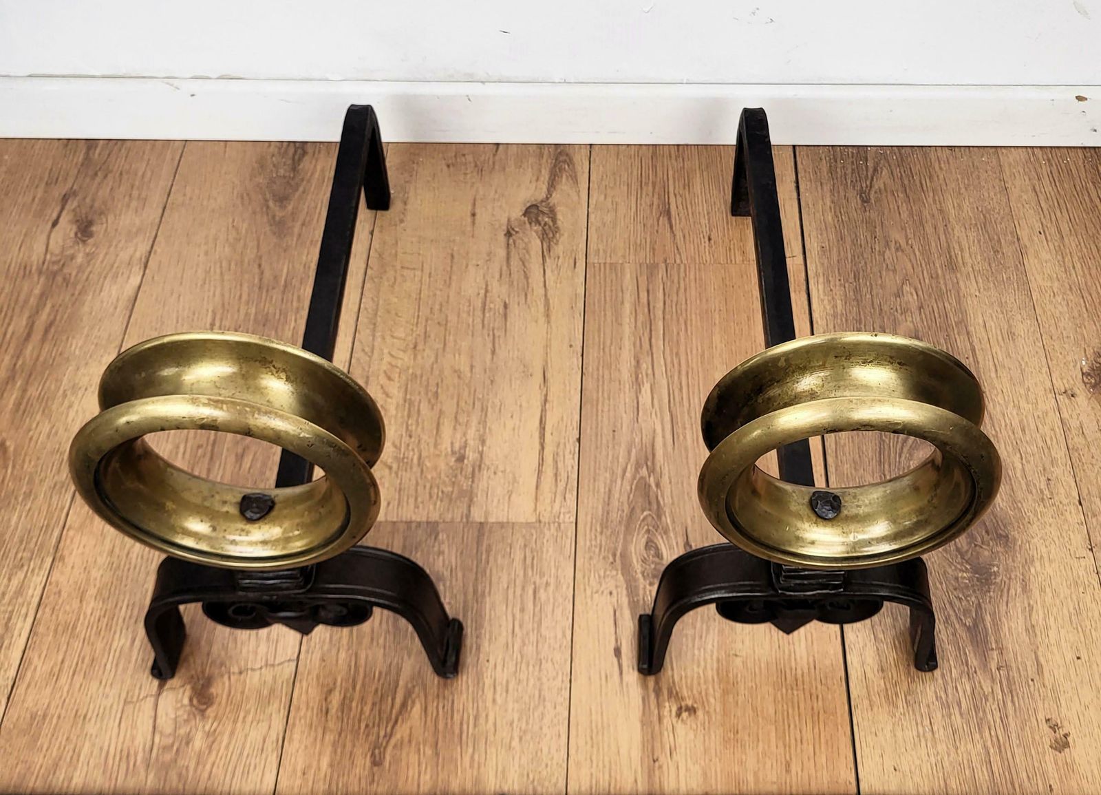 Italian Brass And Wrought Iron Pair Of Andirons photo for sale