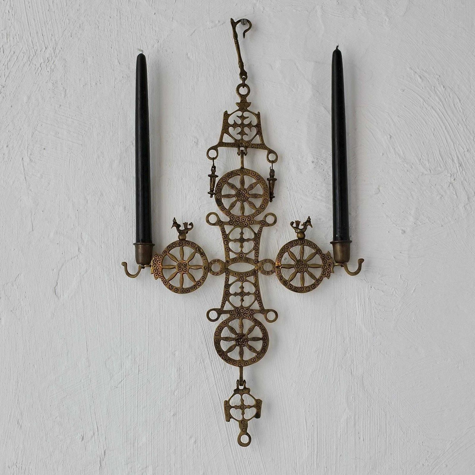 Arts & Crafts Brass Cross Hanging Candle Holder | 1920s