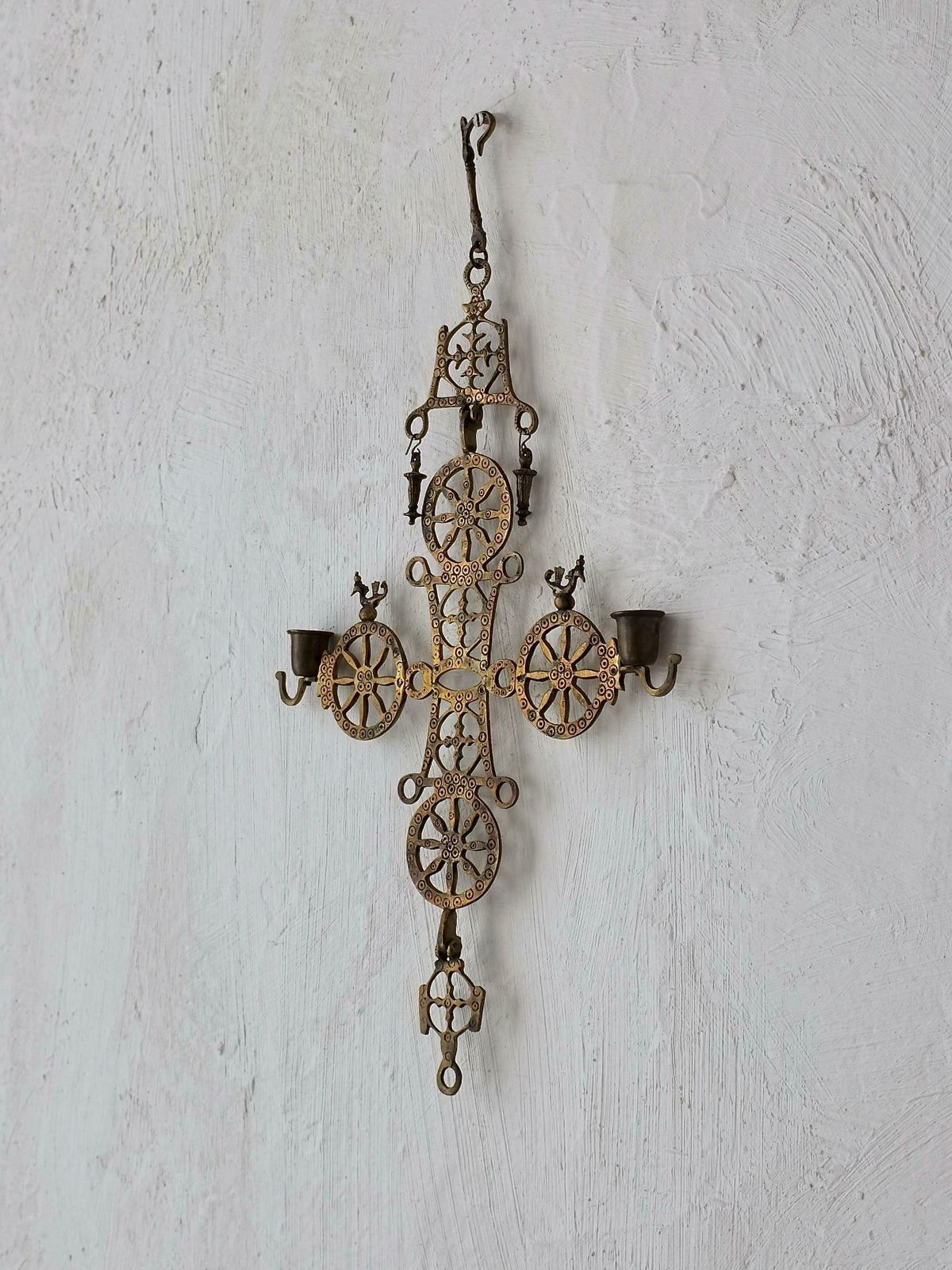 Arts & Crafts Brass Cross Hanging Candle Holder | 1920s photo for sale