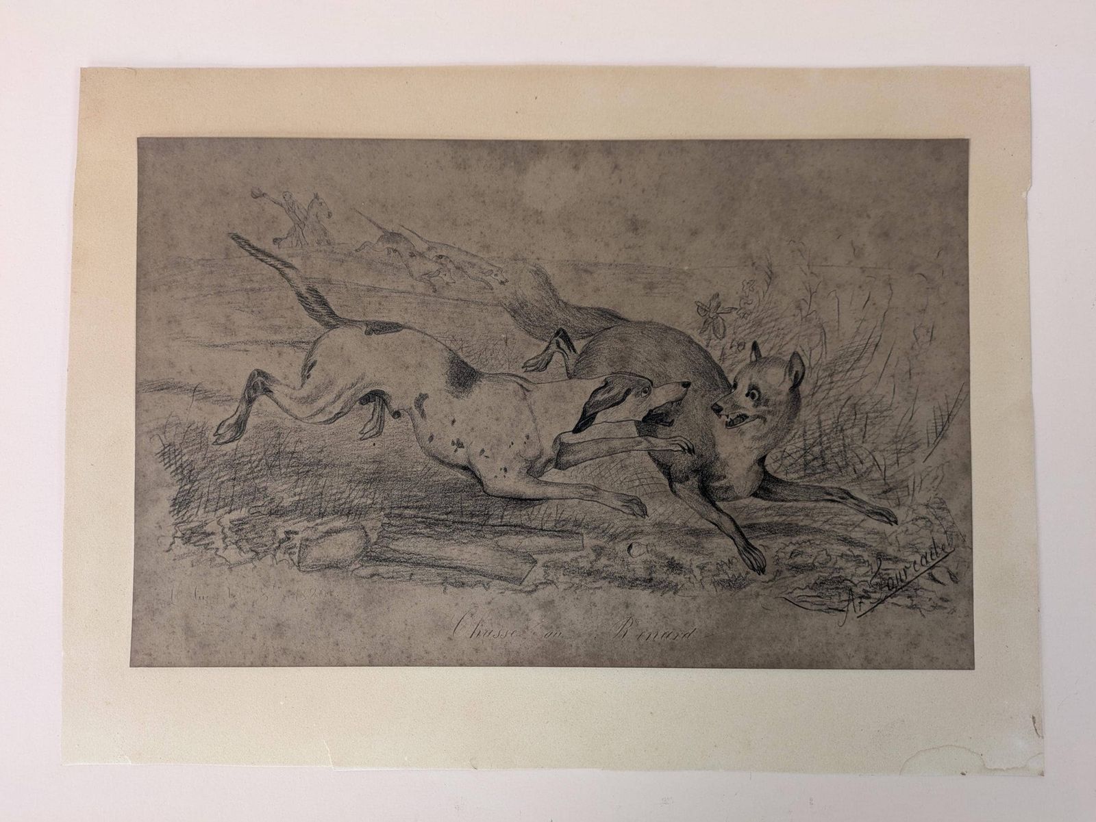 Antique French Fox And Dog Hunting Scene Pencil Drawing By Fourcade In Auch France 1880, Original Wall Art, Antique Art