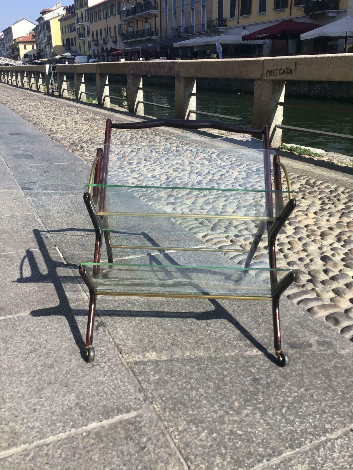 photo for sale Ivo Parisi Magazine Rack  With Wheels Three Compartments Brass Wood Glass 1950 Itali
