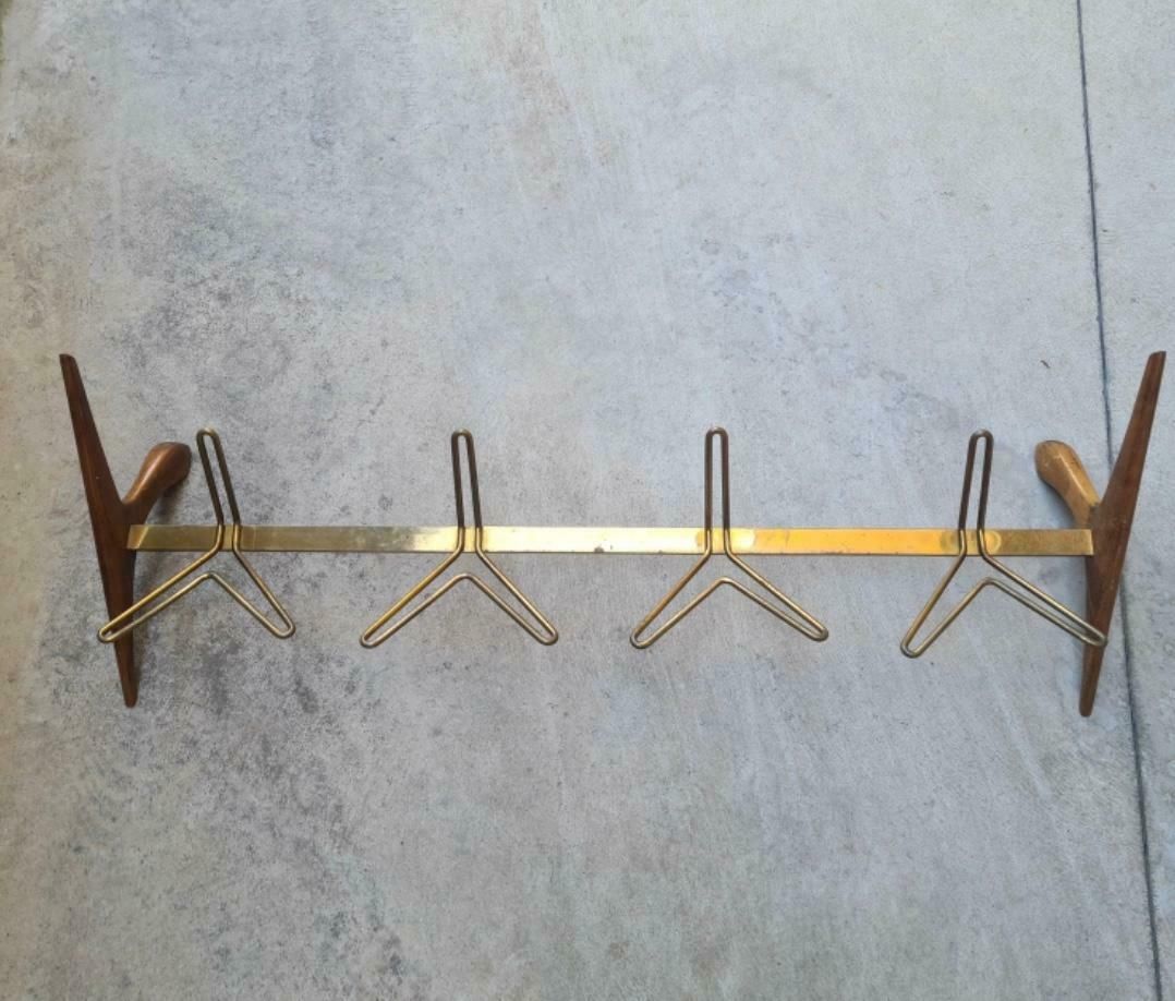 Ico Parisi Wall Mounted Coat Rack. Brass Wood Glass 1950s Italy photo furniture