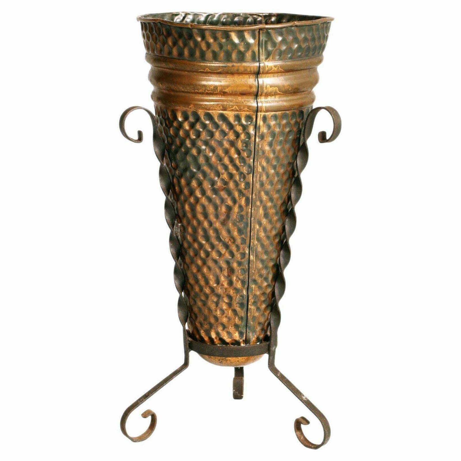 1940s Hand Embossed Umbrella Stand In Burnished Brass And Wrought Iron, 1940s