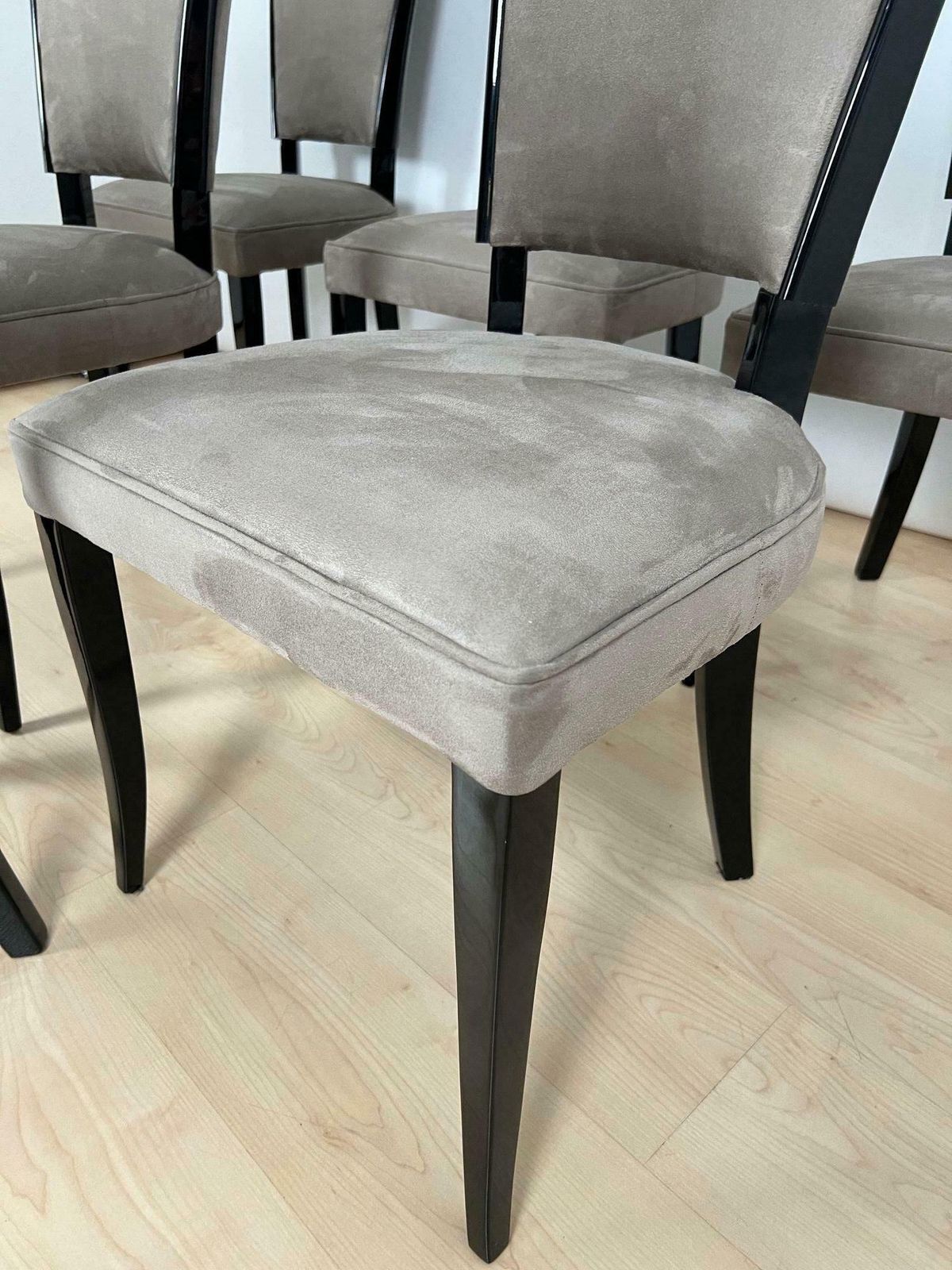 Set Of Six Art Deco Chairs, Black Lacquer, Grey Alcantara, France Circa 1930 photo for sale