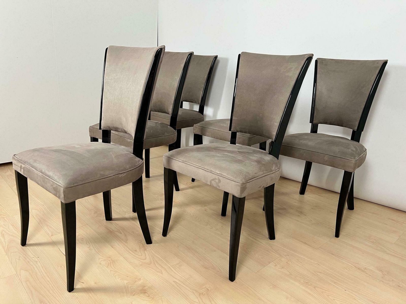Set Of Six Art Deco Chairs, Black Lacquer, Grey Alcantara, France Circa 1930 photo Furniture