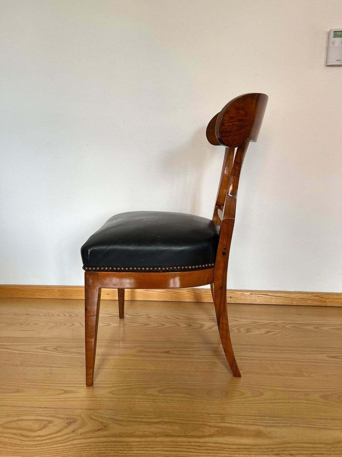 1397.64 Biedermeier Shovel Chair, Walnut Veneer, Black Leather, Austria Circa 1820 photo
