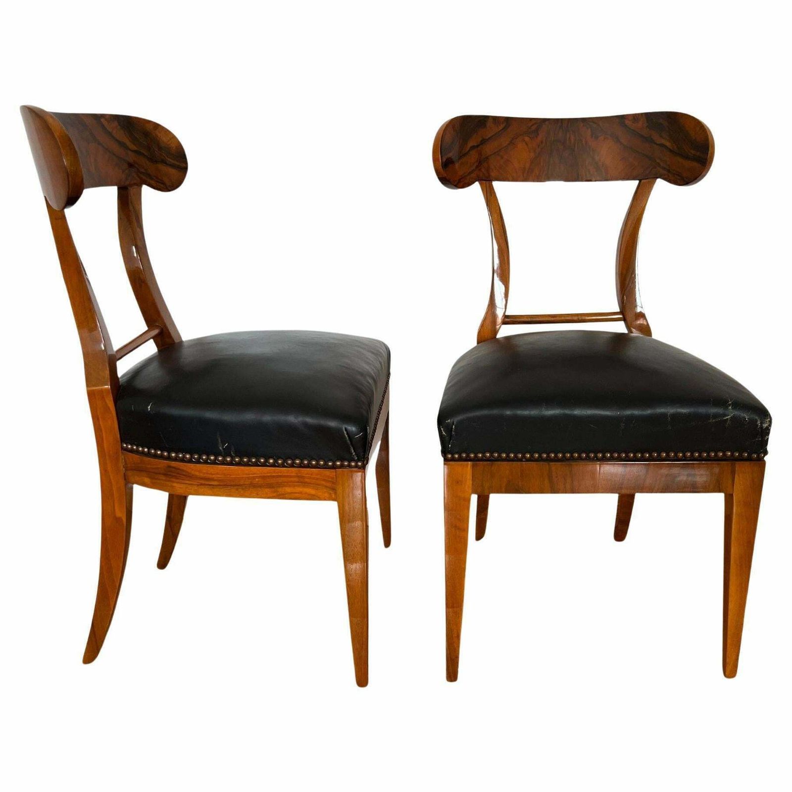 Pair Of Biedermeier Shovel Chairs, Walnut, Black Leather, Austria Circa 1820