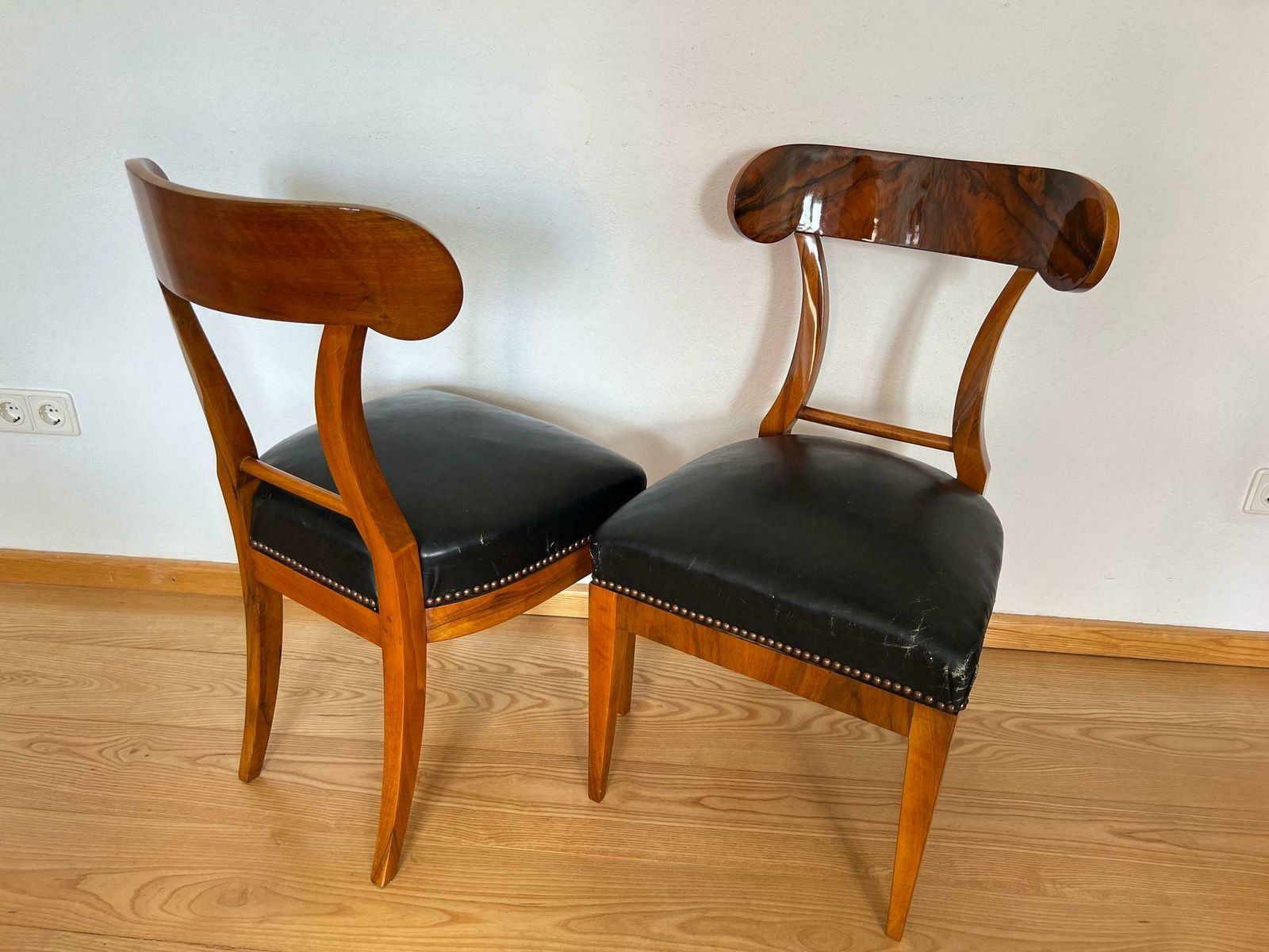 Pair Of Biedermeier Shovel Chairs, Walnut, Black Leather, Austria Circa 1820 photo Furniture