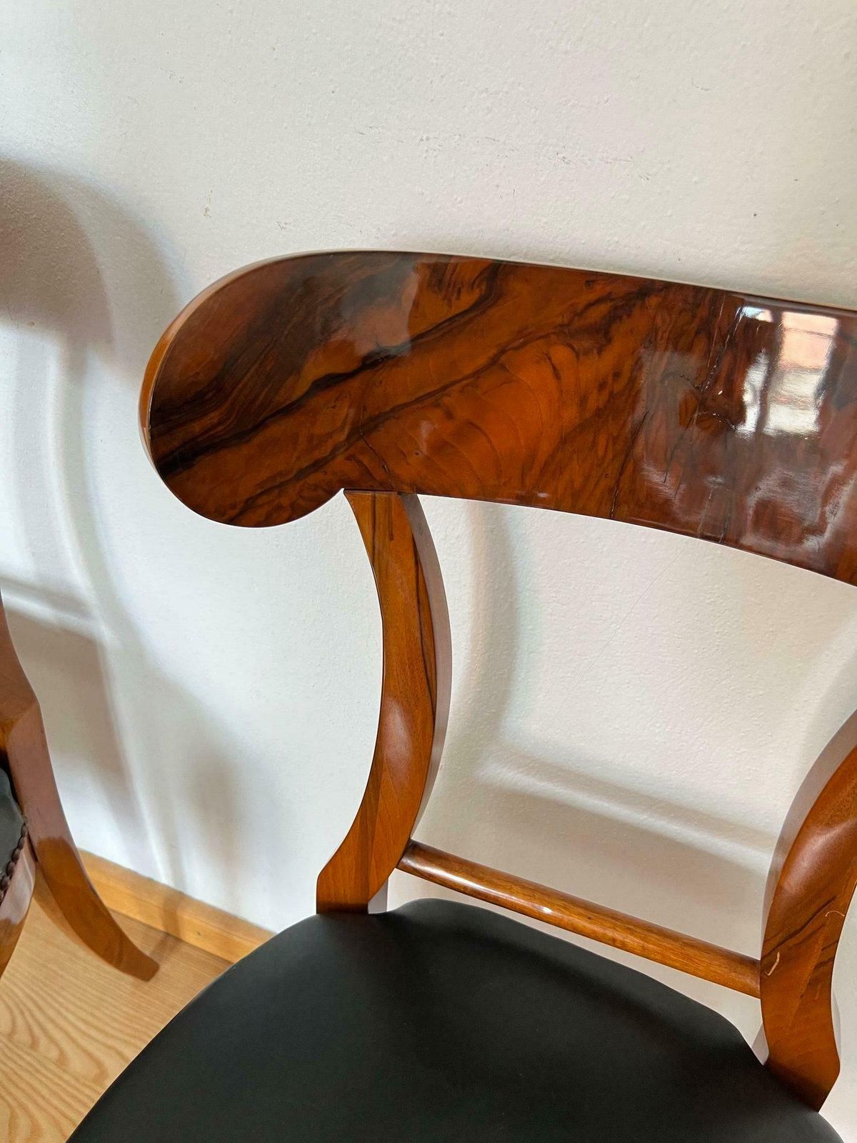 photo for sale Pair Of Biedermeier Shovel Chairs, Walnut, Black Leather, Austria Circa 1820