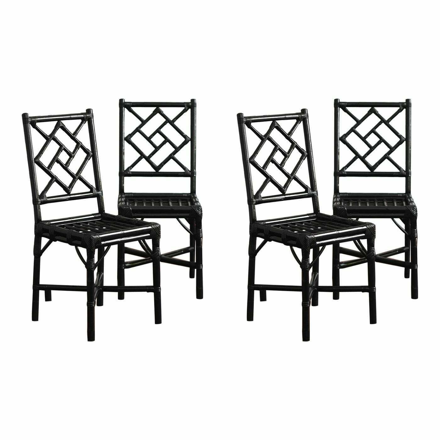 Set Of 4 Black Lacquered Rattan Chairs, Italy 1970