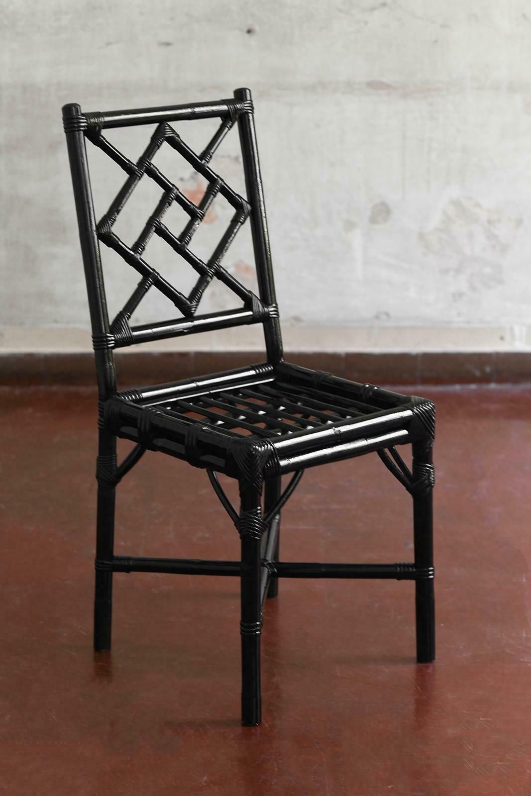 Set Of 4 Black Lacquered Rattan Chairs, Italy 1970 photo for sale