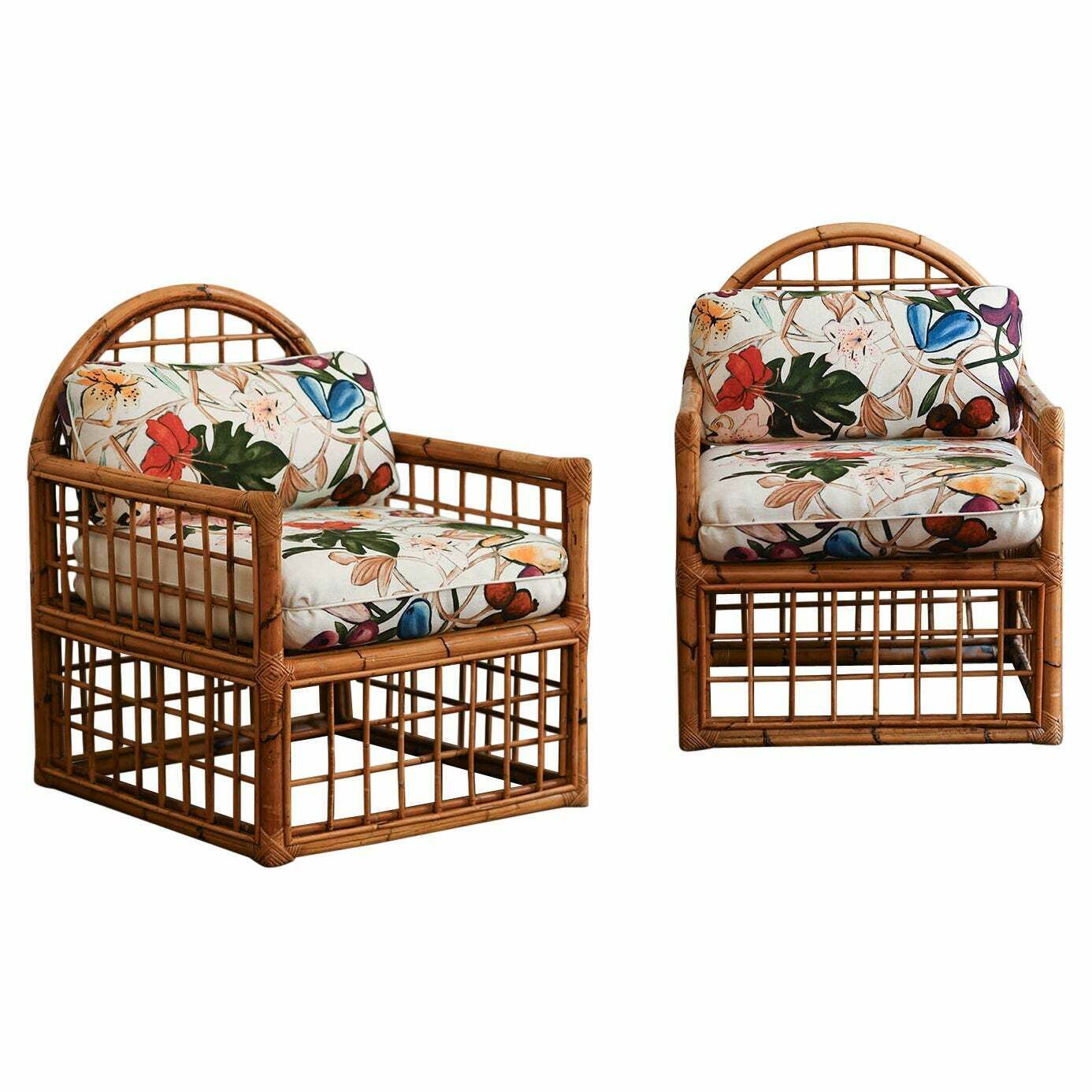 Pair Of Armchairs With Arched Backrest And Woven Bamboo, 1970s