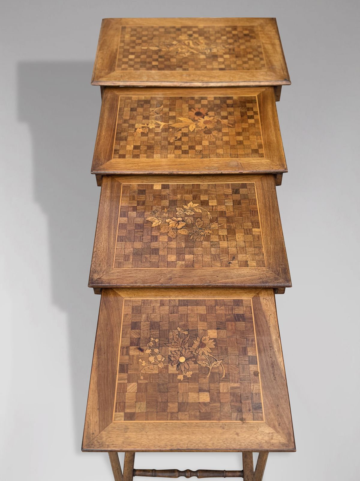 Antique French Walnut Parquetry & Floral Inlay Nest Of Four Tables photo furniture