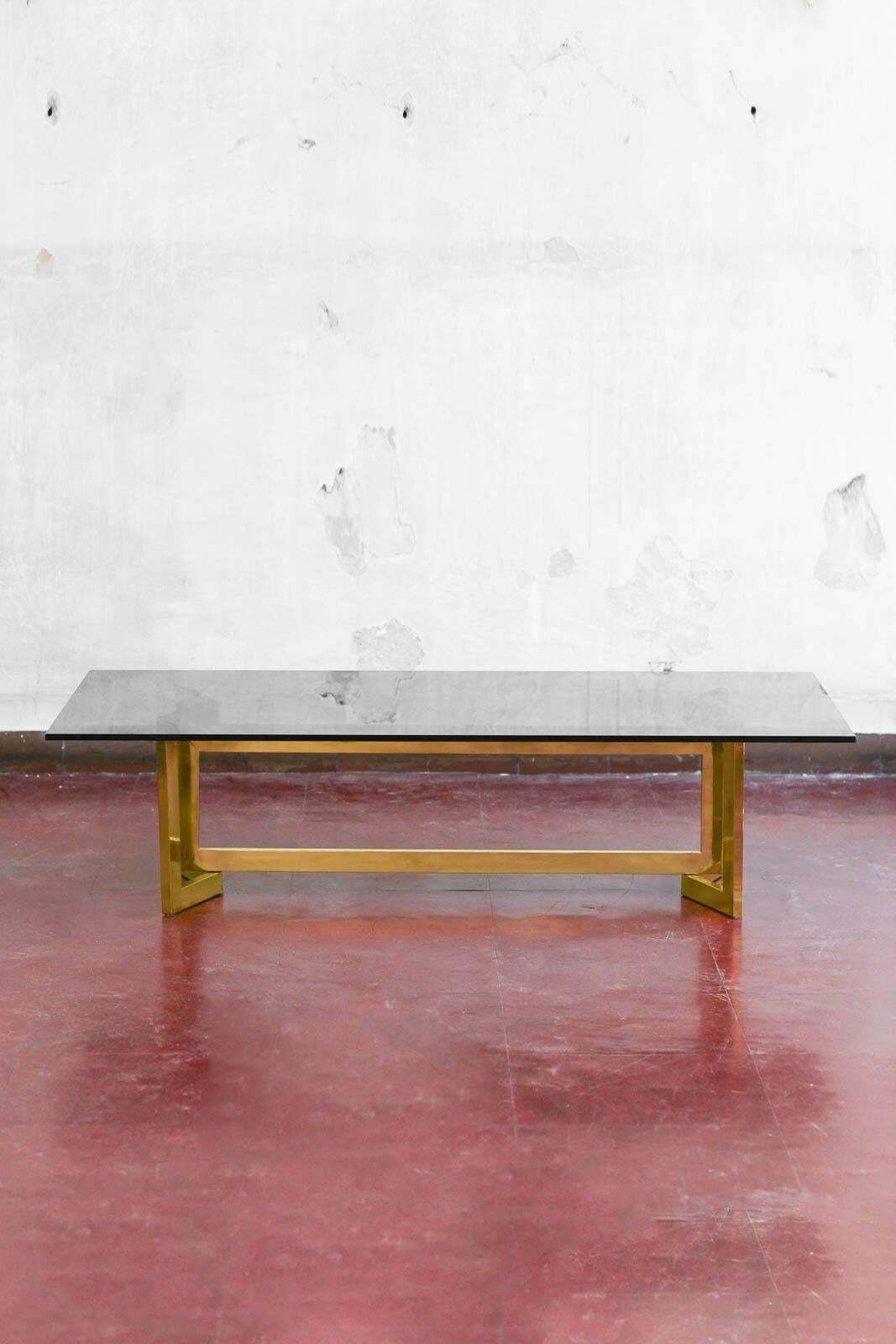 Coffee Table In Brass And Smoked Glass, 1970s In The Style Of Romeo Rega photo for sale