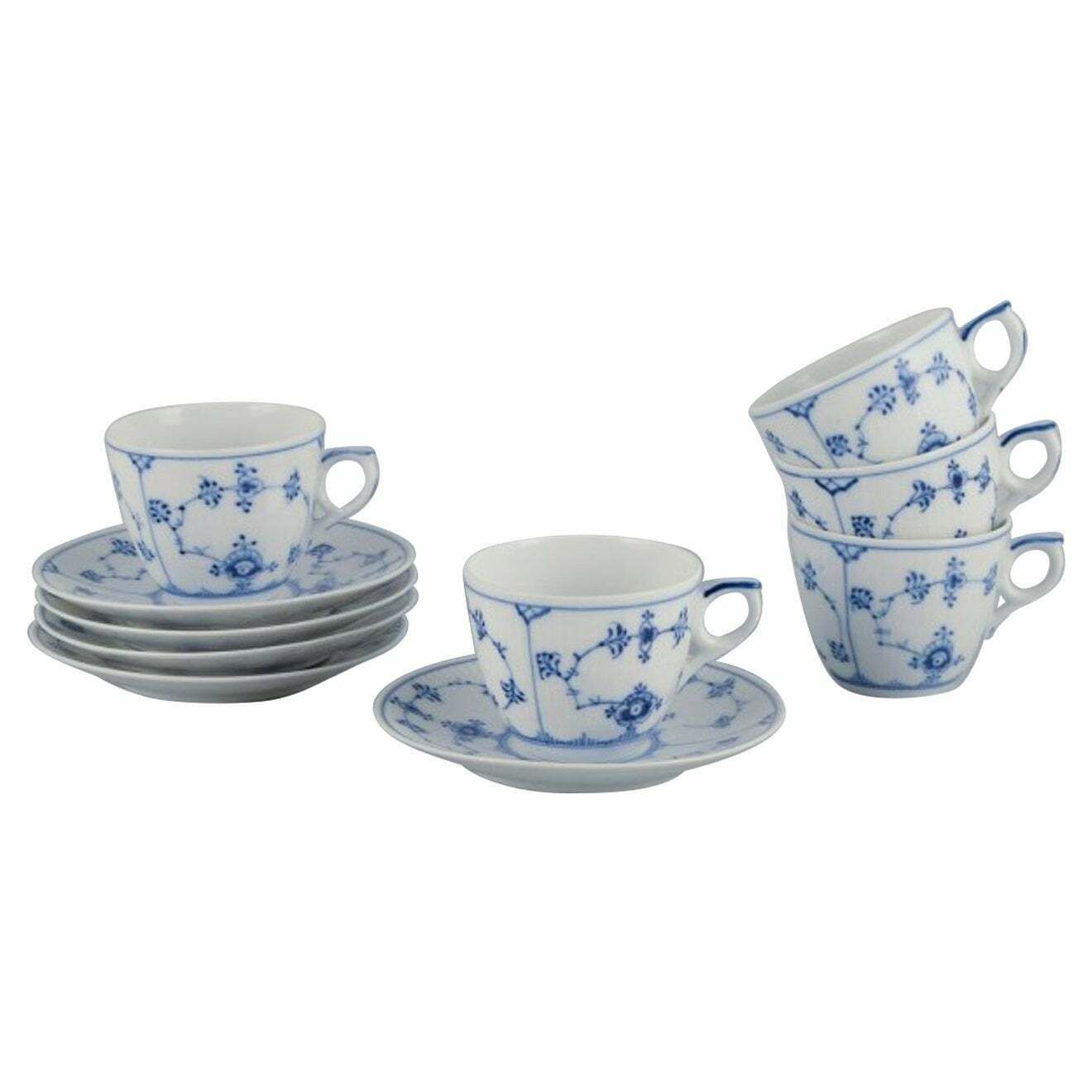 Royal Copenhagen Blue Fluted Plain. Five Coffee Cups With Saucers In Porcelain.