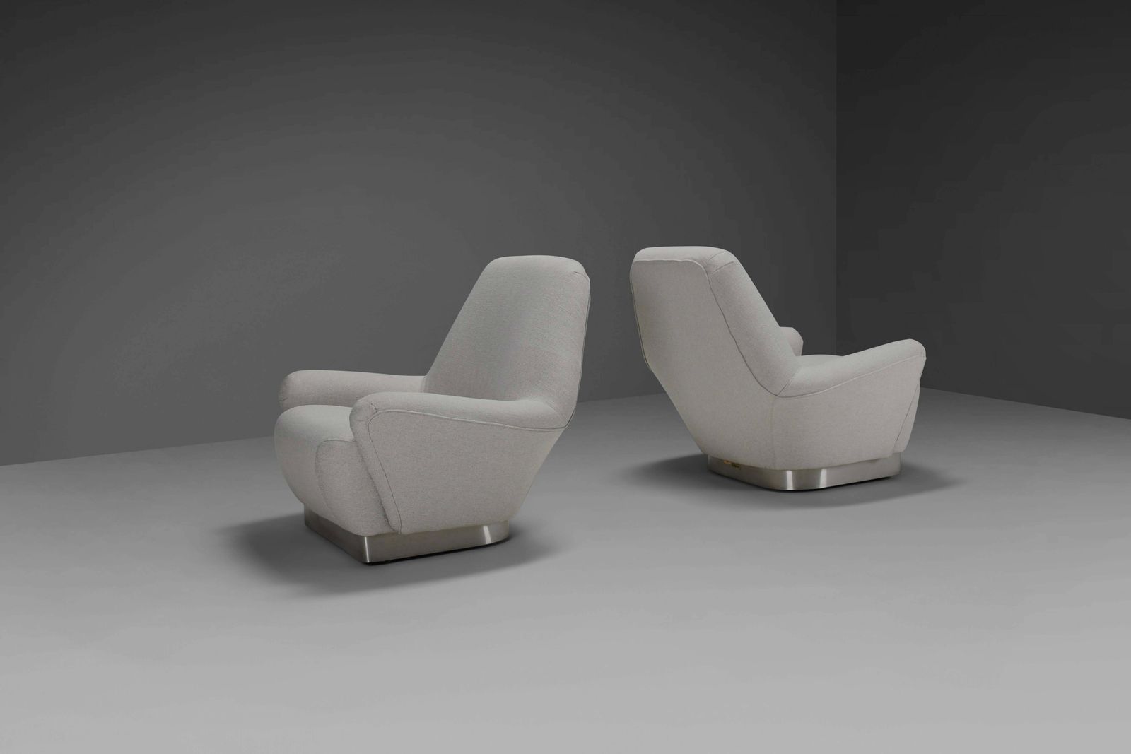 photo furniture Rare Pair Of Grey Fabric And Stainless Steel Lounge Chairs By Gianni Moscatelli