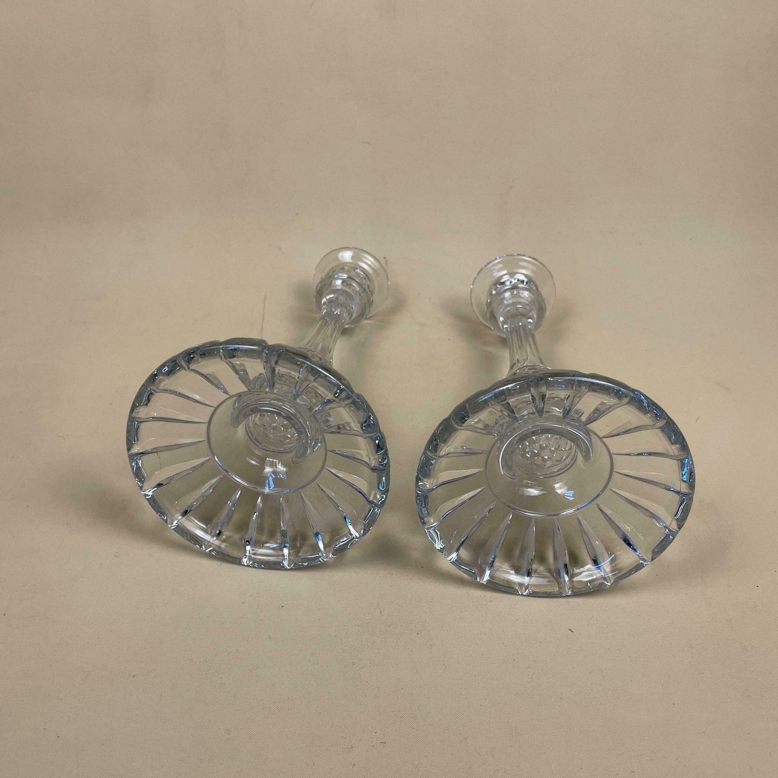 Vintage Pair Of Matching Clear Glass Candlestick Candle Stick Holder Lights Vintage Taper Dinner Candlesticks Chandelier Round Base Retro photo buy