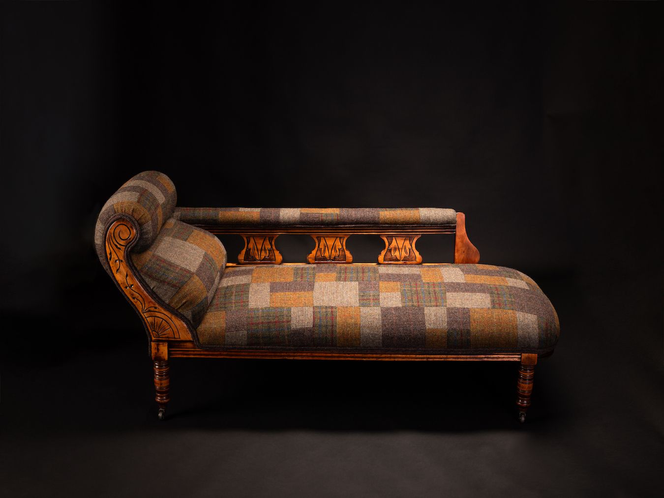 Antique Mahogany Chaise Lounge Upholstered In Handcrafted Harris Tweed Patchwork photo for sale