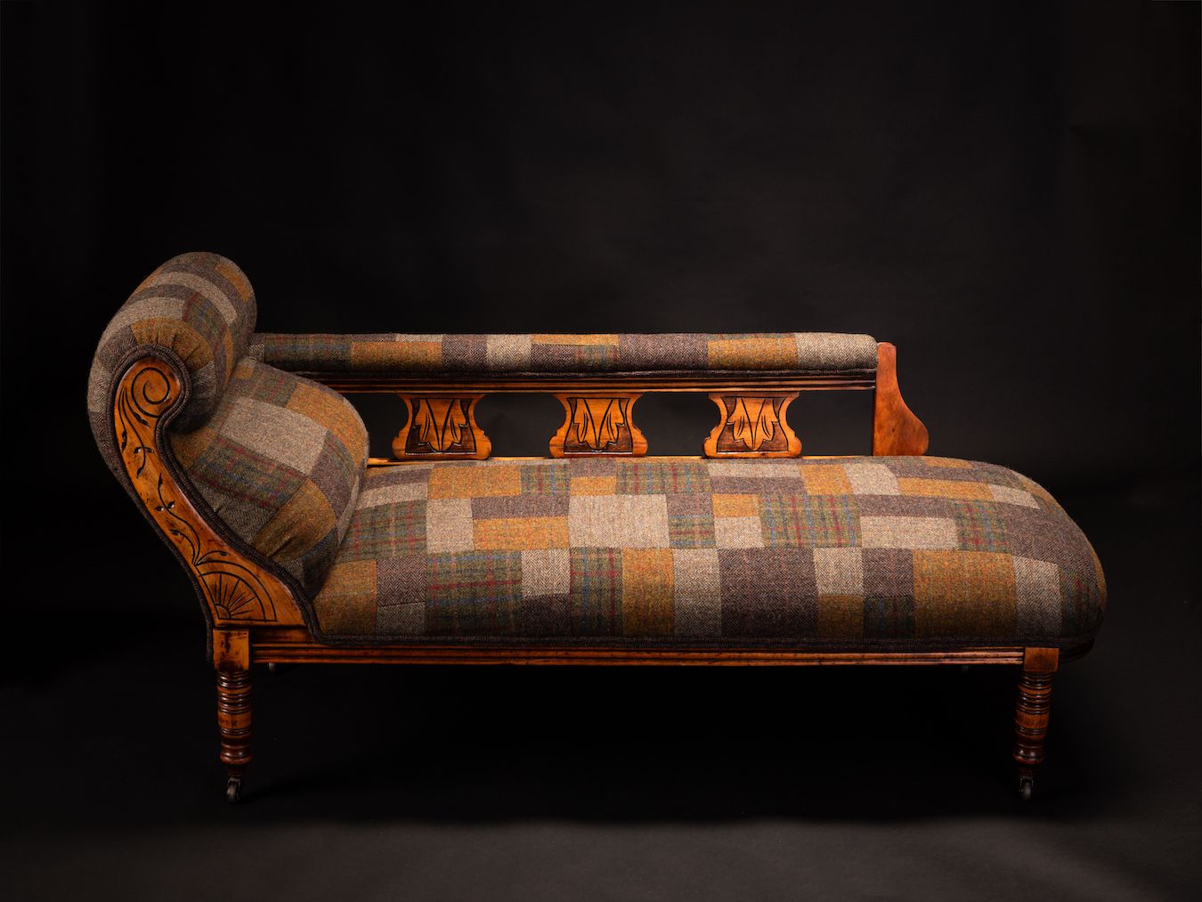 Antique Mahogany Chaise Lounge Upholstered In Handcrafted Harris Tweed Patchwork photo 5000.0