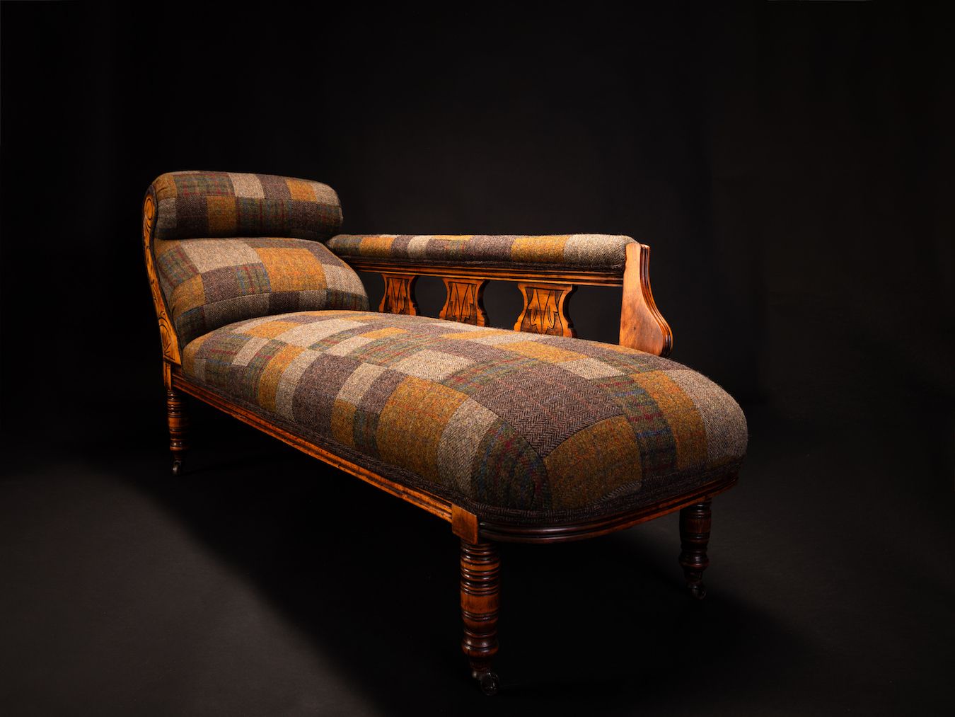 Antique Mahogany Chaise Lounge Upholstered In Handcrafted Harris Tweed Patchwork