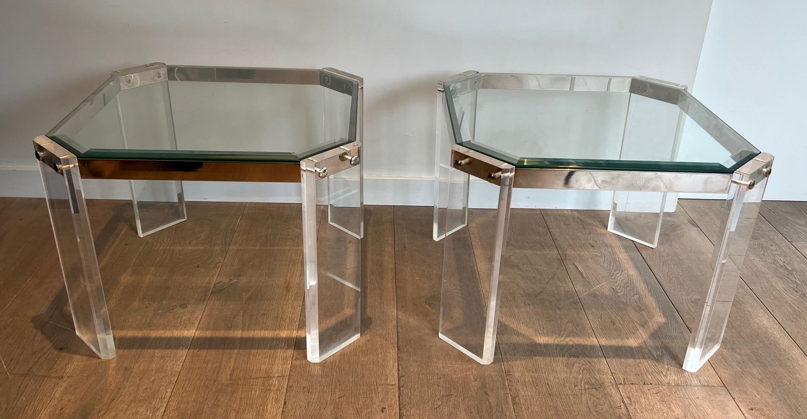 1850.0 Pair Of Octagonal Plexiglass And Chrome Sofa End Tables From Maison Jansen photo